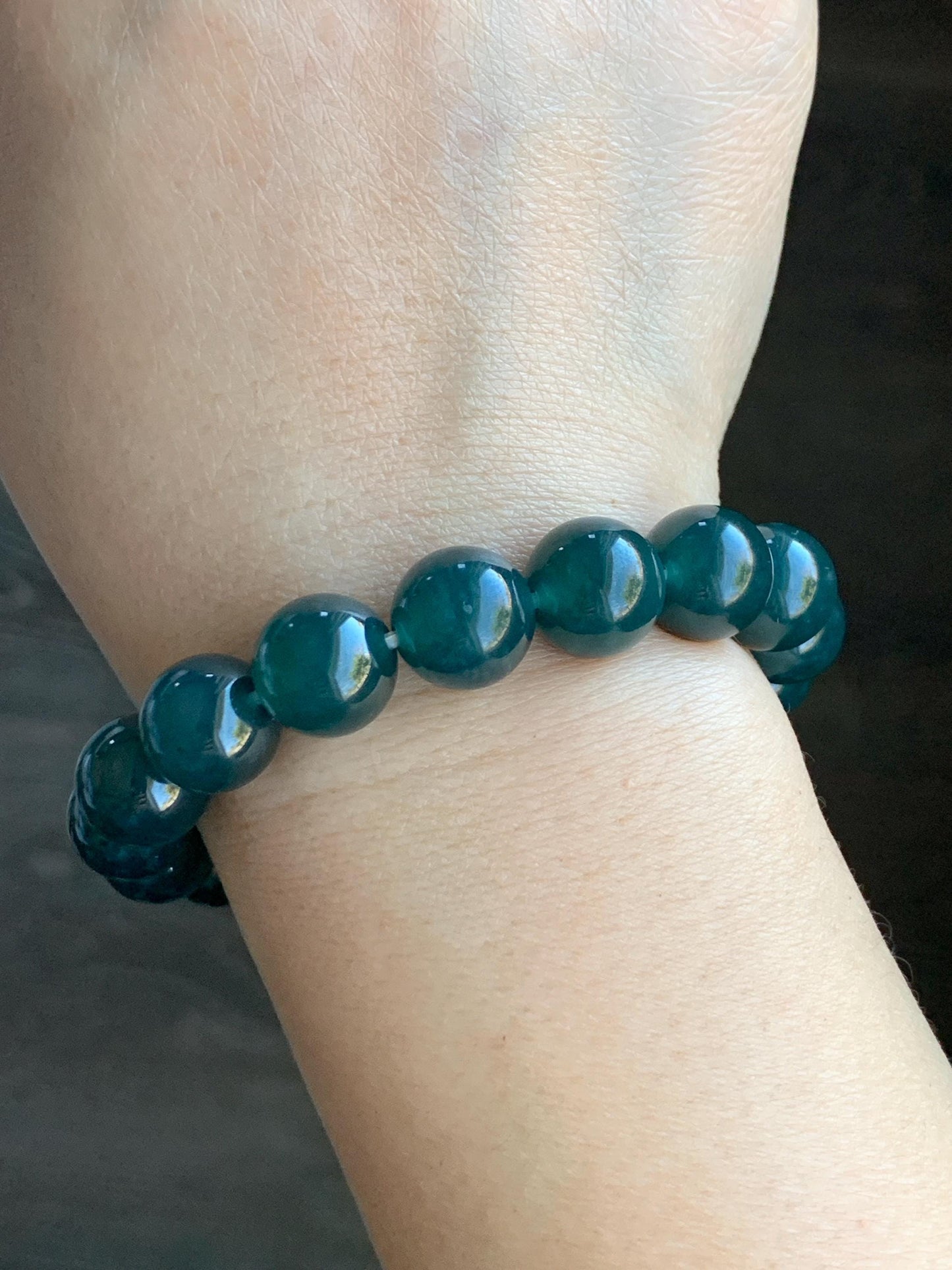 Certified Natural Grade A Guatemalan Icy Translucent Gelatinous Dark Teal Blue Jadeite Beaded Bracelet 11.8mm 7.25” 48g 天然老种冰危深蓝翡翠大卡手串 7853