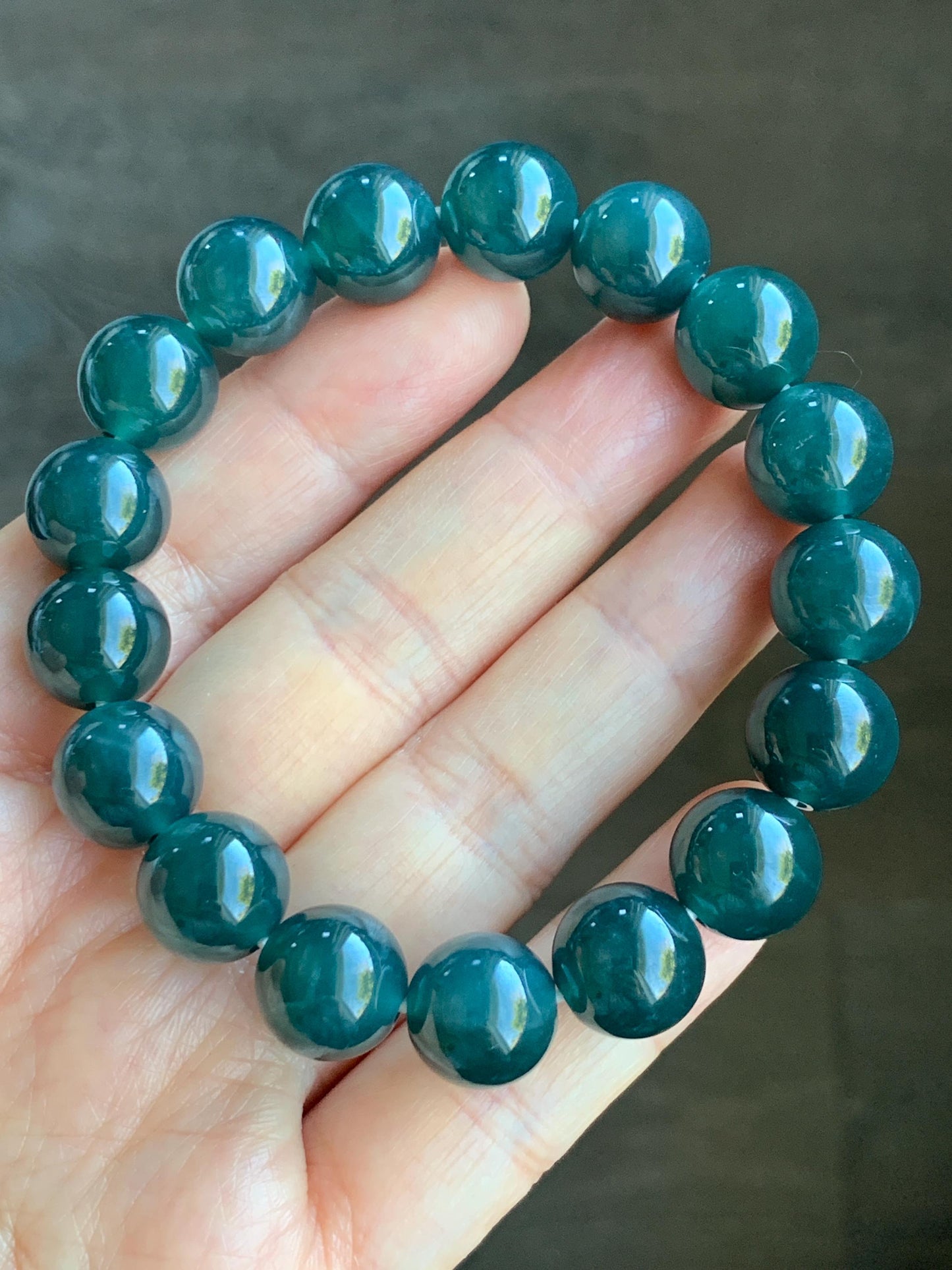 Certified Natural Grade A Guatemalan Icy Translucent Gelatinous Dark Teal Blue Jadeite Beaded Bracelet 11.8mm 7.25” 48g 天然老种冰危深蓝翡翠大卡手串 7853
