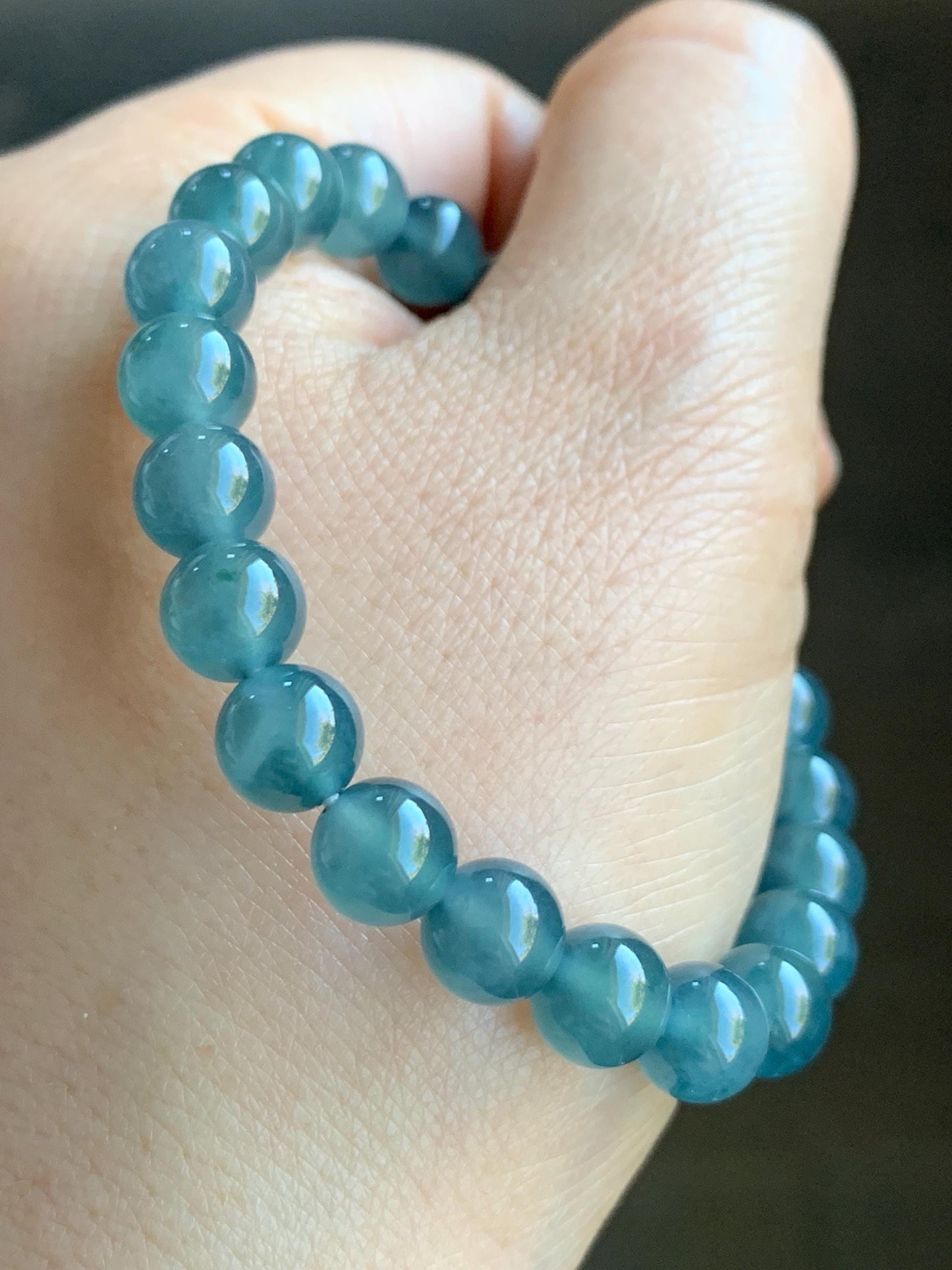 Natural Grade A Guatemalan Premium Icy Highly Translucent Dark Teal Blue Jadeite Beaded Bracelet 7.9mm 6.75” 19g 天然老种冰危深蓝翡翠手串 WBT320