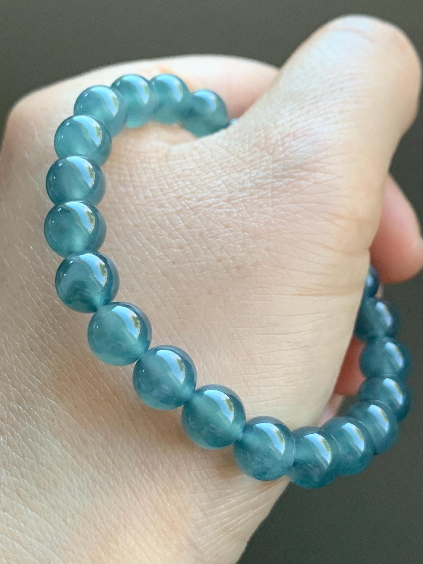 Natural Grade A Guatemalan Premium Icy Highly Translucent Dark Teal Blue Jadeite Beaded Bracelet 7.9mm 6.75” 19g 天然老种冰危深蓝翡翠手串 WBT320