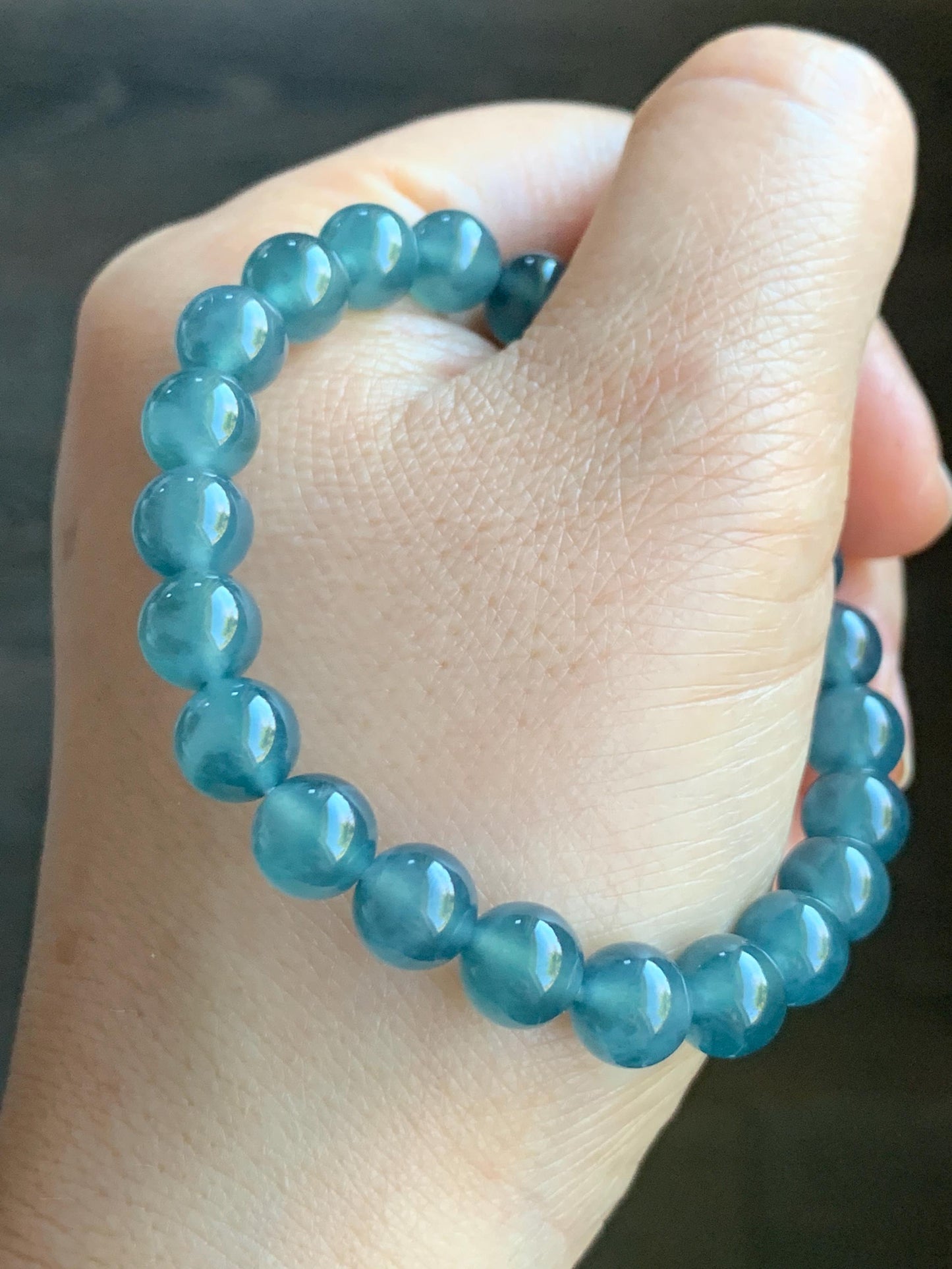 Natural Grade A Guatemalan Premium Icy Highly Translucent Dark Teal Blue Jadeite Beaded Bracelet 7.9mm 6.75” 19g 天然老种冰危深蓝翡翠手串 WBT320