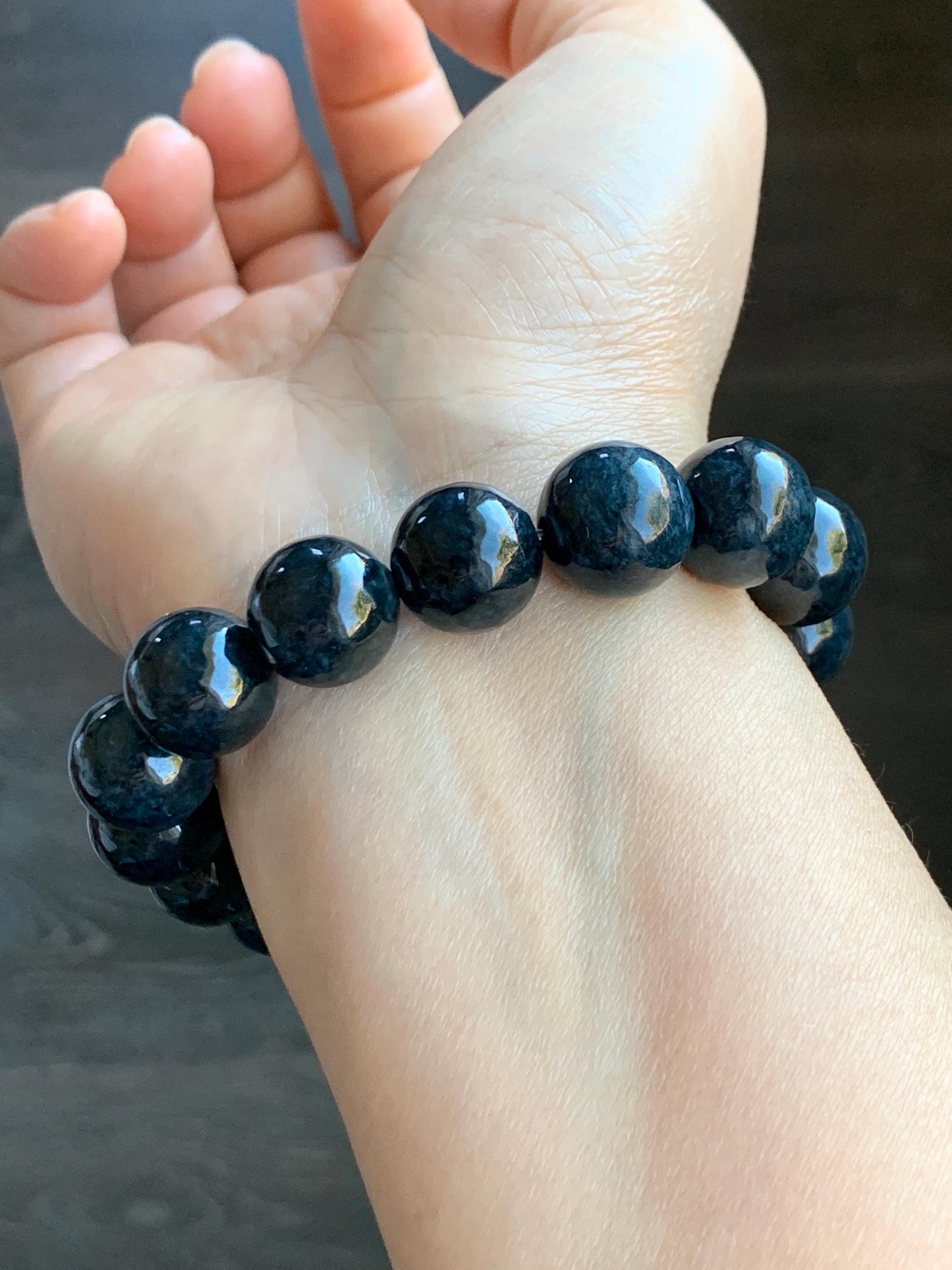 Natural Grade A Dark Navy Blue Jadeite Large Round Beads Beaded Bracelet Stretchy 13.6mm 7.75" 64g 天然A货深牛仔蓝翡翠大卡圆珠手串 MNZL280