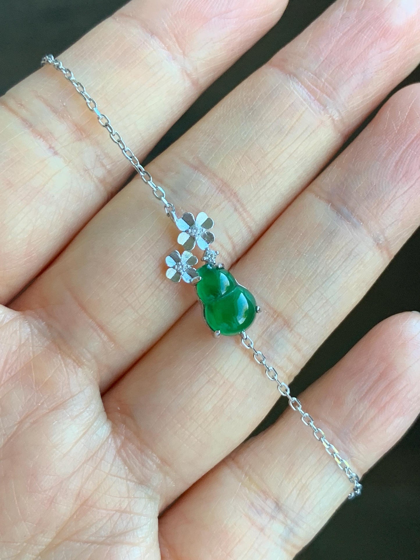 Natural Grade A Guatemalan Icy Translucent Vibrant Green Gourd Hulu Jadeite & Flowers Chain Bracelet Sterling Silver 6.5" 天然冰危绿翡翠葫芦梅花银手链
