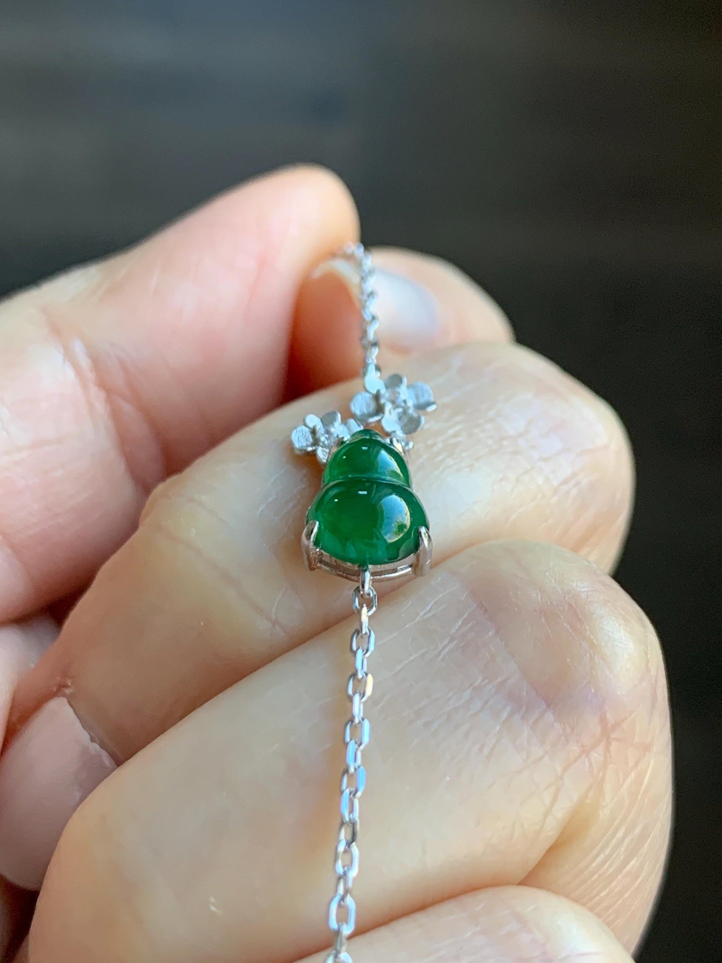 Natural Grade A Guatemalan Icy Translucent Vibrant Green Gourd Hulu Jadeite & Flowers Chain Bracelet Sterling Silver 6.5" 天然冰危绿翡翠葫芦梅花银手链