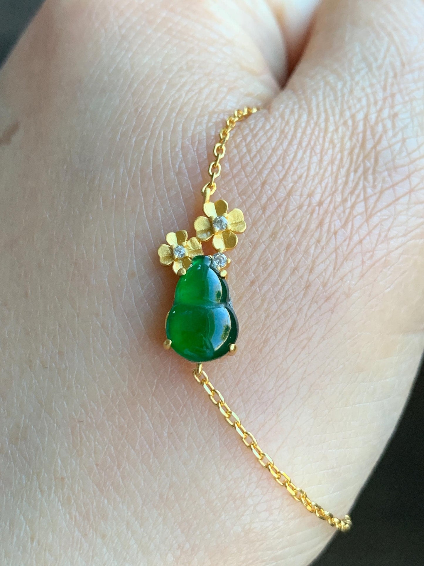 Natural Grade A Guatemalan Icy Translucent Vibrant Green Gourd Hulu Jadeite & Flowers Chain Bracelet Sterling Silver 6.5" 天然冰危绿翡翠葫芦梅花银手链