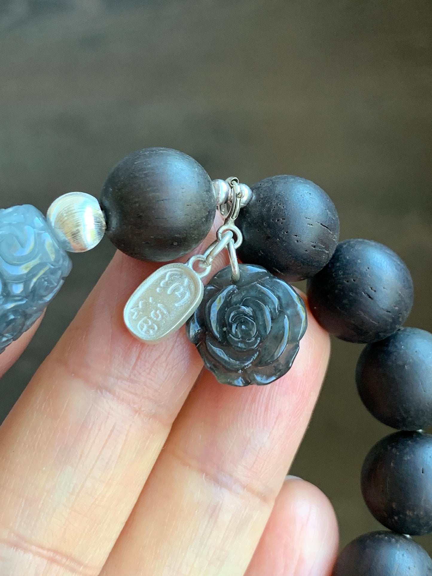 Natural Grade A Icy Translucent Wuji Jadeite Engraved Dzi Bead Rose Charm Wood Beads Beaded Bracelet Sterling Silver 7" 天然冰胶乌鸡翡翠天珠玫瑰花随意扣木珠手串