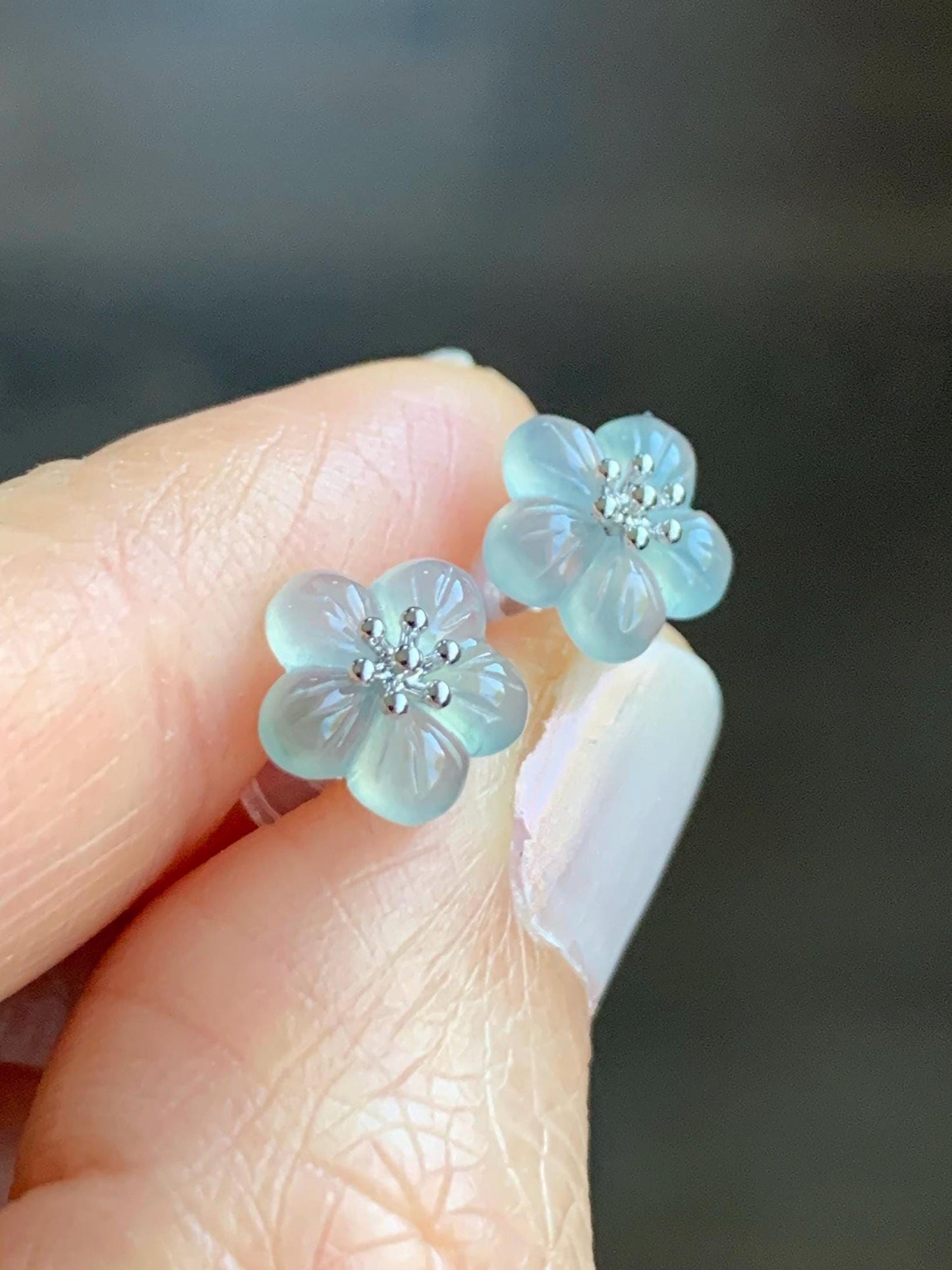 Certified Natural Grade A Icy Highly Translucent Pastel Green Jadeite Cherry Blossom Stud Earrings 18K White Gold 1.2g