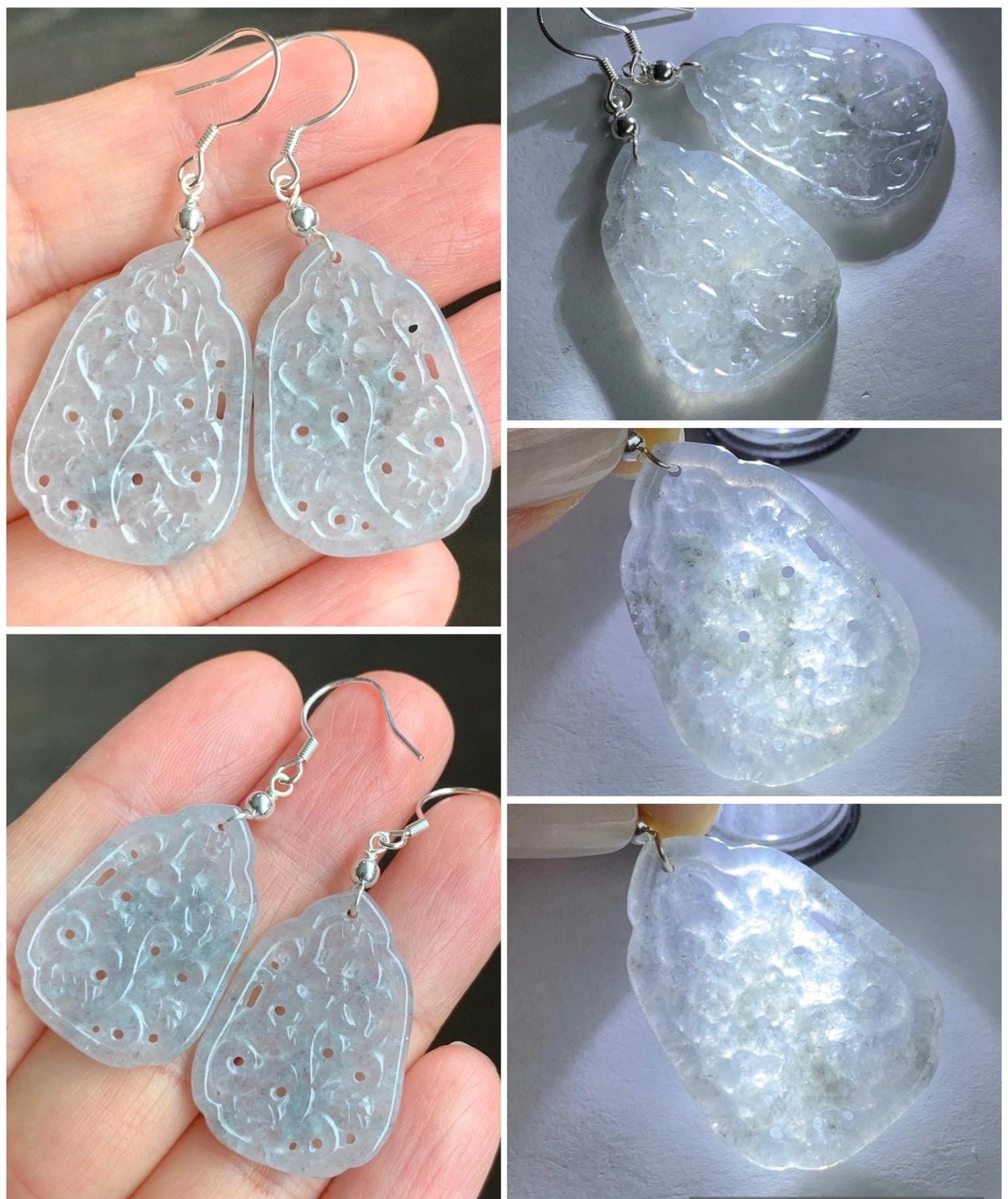Natural Grade A Icy Translucent Light Wuji Jadeite Openwork Engraved Dangle Earrings Sterling Silver 天然冰胶乌鸡翡翠仿古镂空雕银耳钩 A