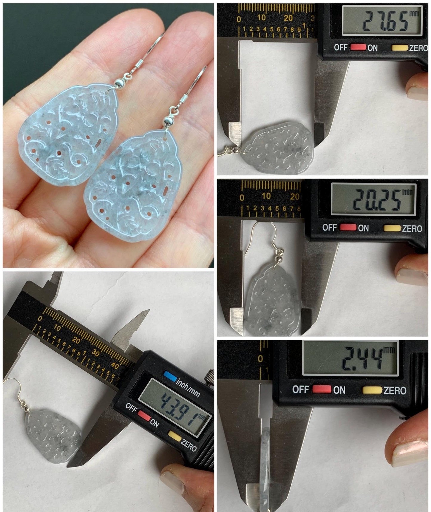 Natural Grade A Icy Translucent Light Wuji Jadeite Openwork Engraved Dangle Earrings Sterling Silver 天然冰胶乌鸡翡翠仿古镂空雕银耳钩 A