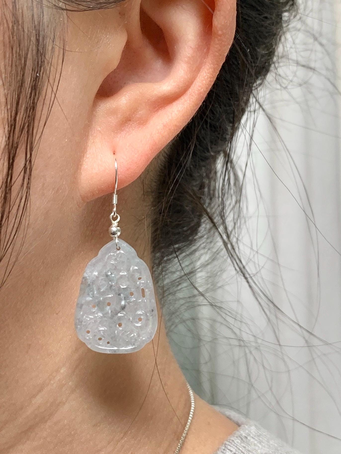 Natural Grade A Icy Translucent Light Wuji Jadeite Openwork Engraved Dangle Earrings Sterling Silver