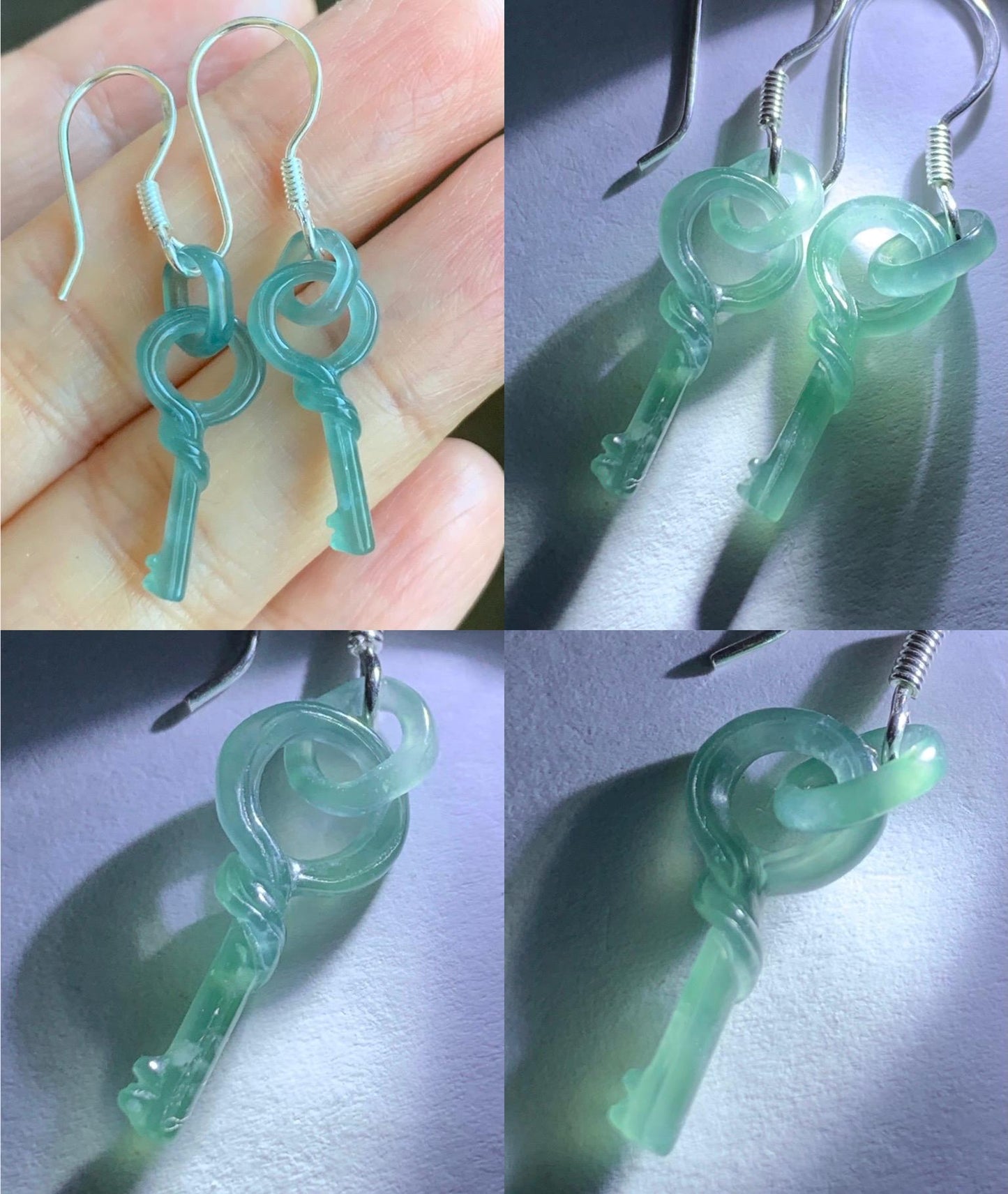 Natural Guatemalan Icy Highly Translucent Dusty Teal Blue Jadeite Keys w/ Interlocking Rings Dangle Earrings Sterling Silver 天然冰危蓝翡翠钥匙环环相扣耳钩
