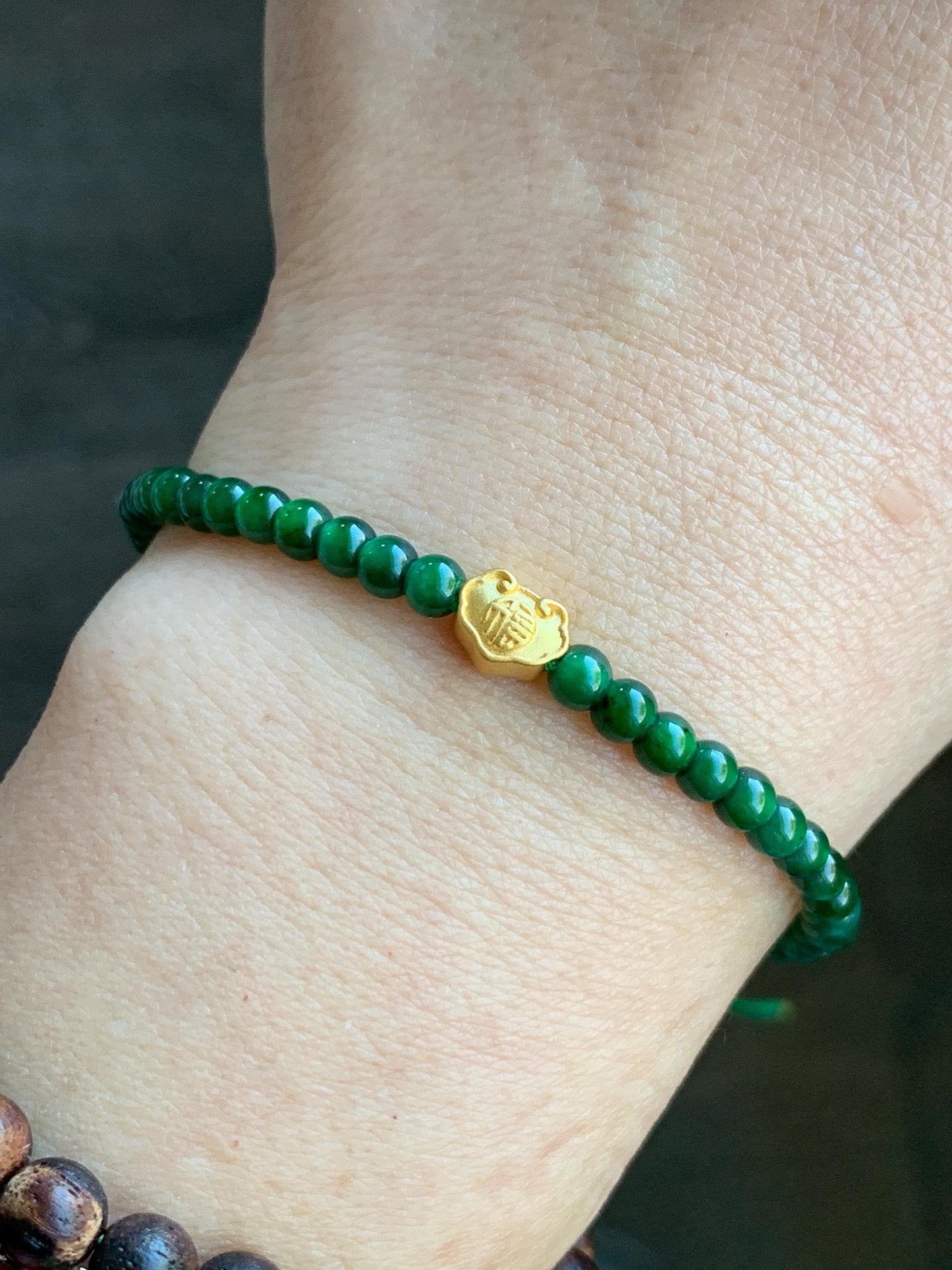 Natural Grade A Guatemalan Icy Green Jadeite Petite Beads 24K Gold Ruyi Bead Beaded Bracelet 3.8mm 7” 5g 天然冰危绿翡翠小珠足金如意3D珠手串