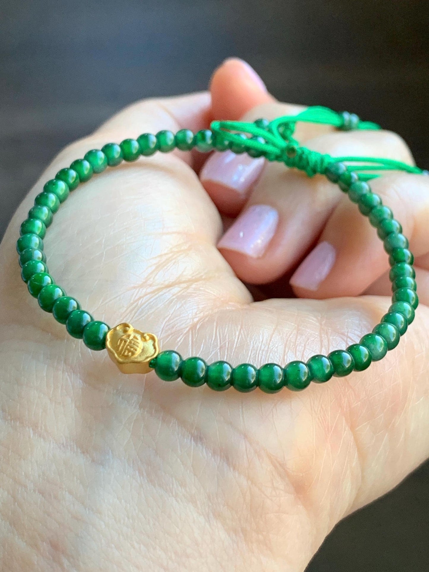 Natural Grade A Guatemalan Icy Green Jadeite Petite Beads 24K Gold Ruyi Bead Beaded Bracelet 3.8mm 7” 5g 天然冰危绿翡翠小珠足金如意3D珠手串