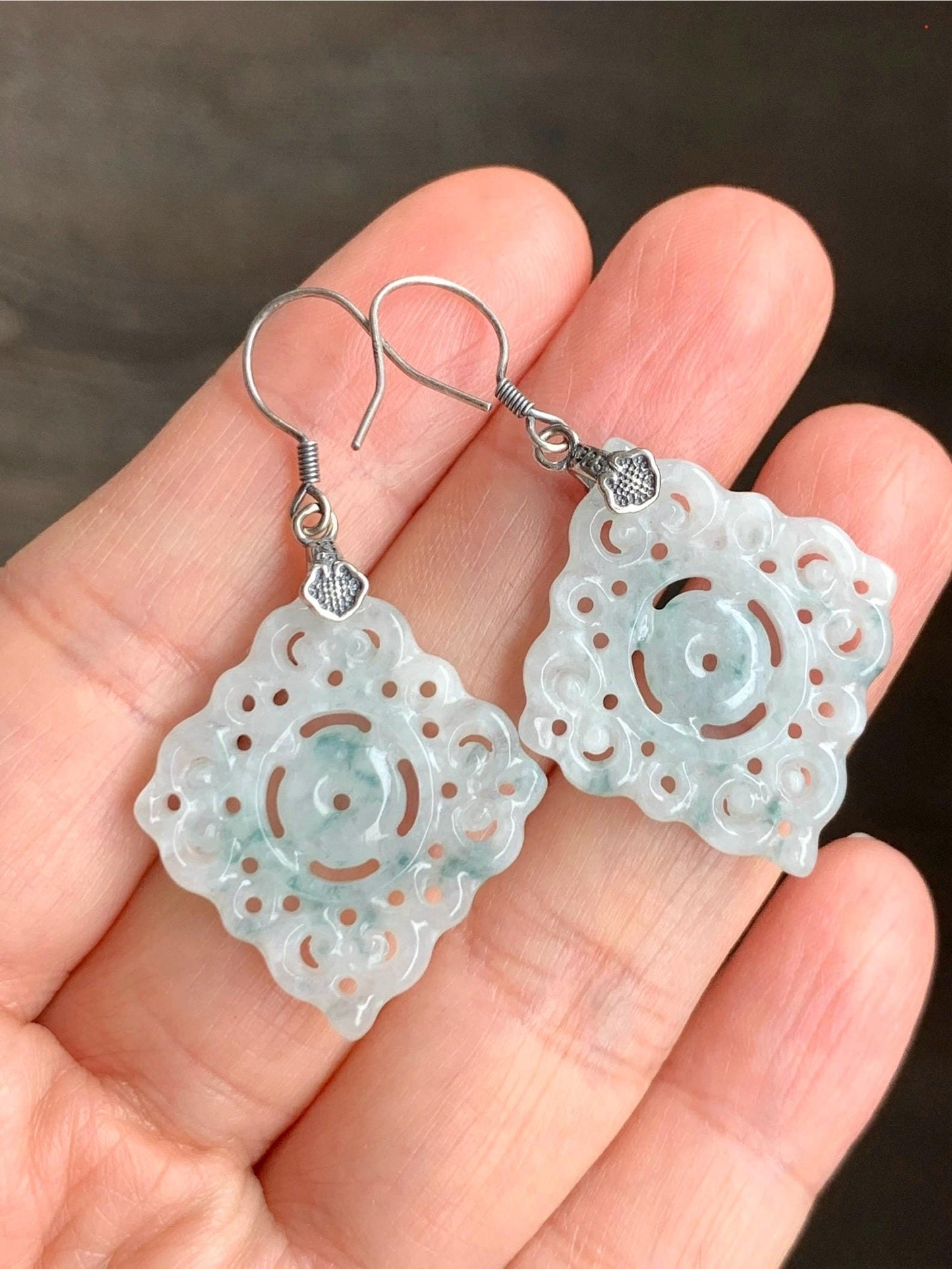 Natural Grade A Icy Translucent White Teal Green Marbled Jadeite Openwork Engraved Dangle Earrings Sterling Silver