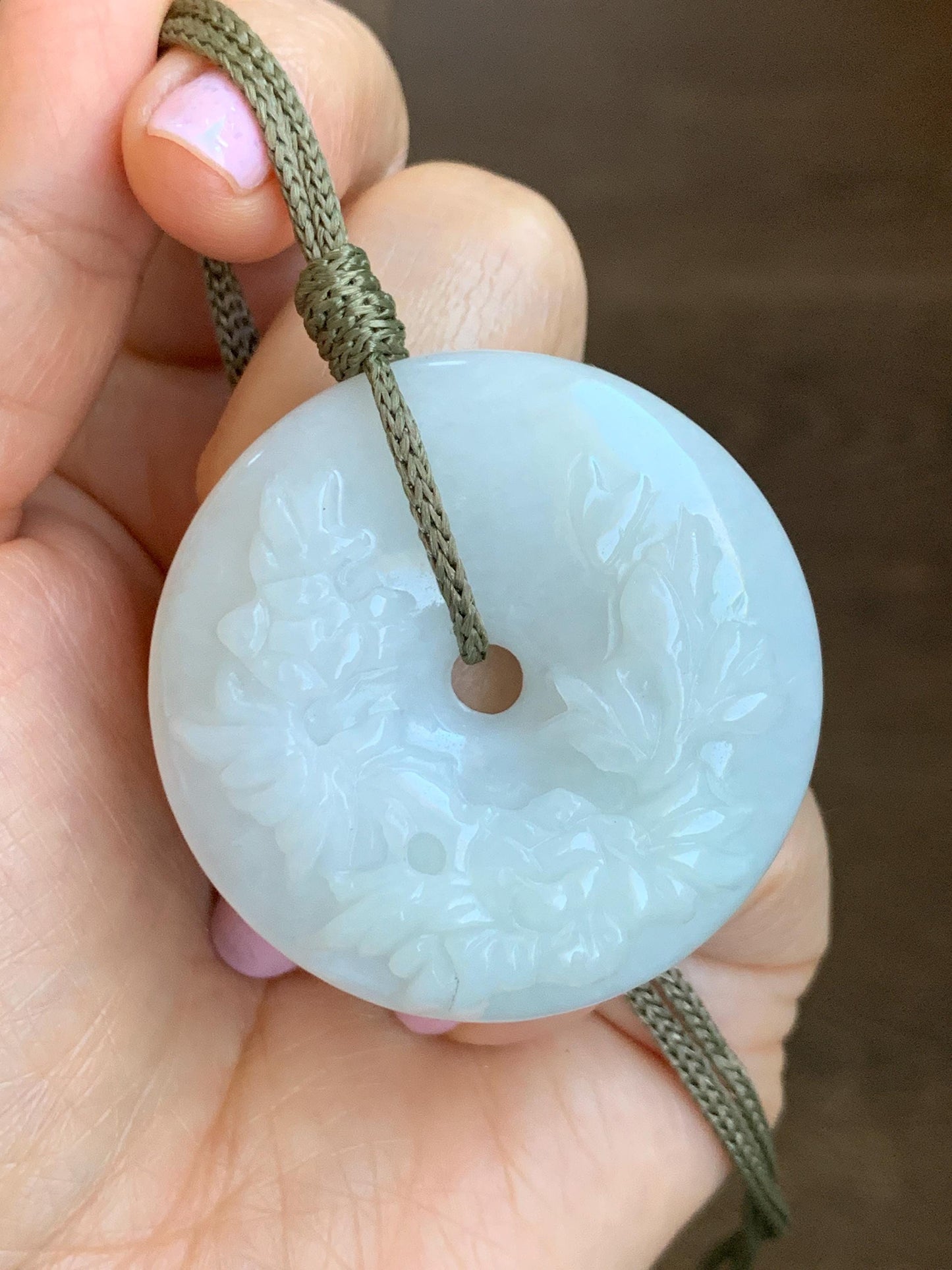 Natural Grade A Icy Translucent Pale Green Jadeite Carved Ping An Kou Donut Pendant Rope Necklace Adjustable 24" 44g 天然糯冰翡翠花开富贵双面雕平安扣吊坠