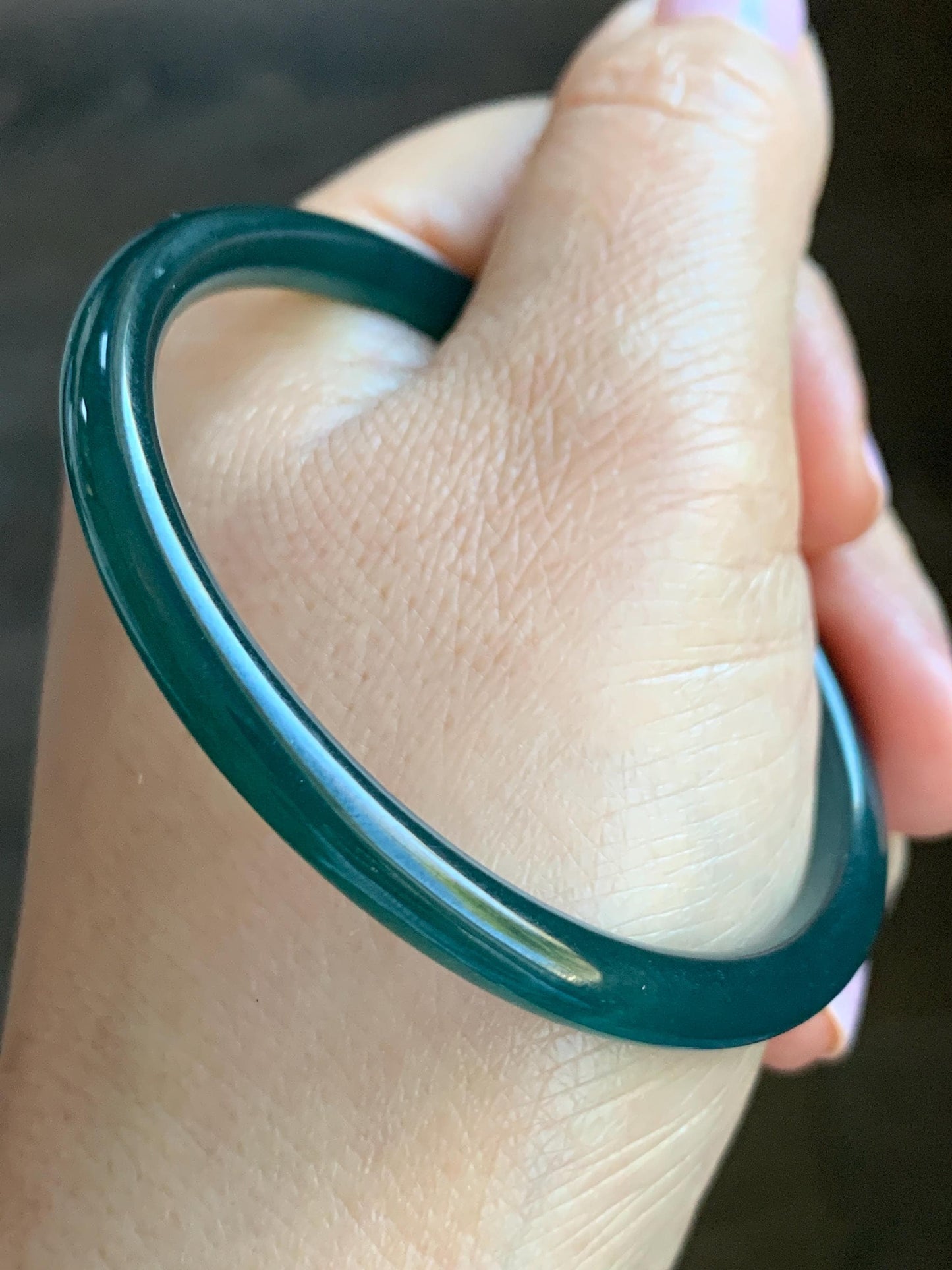 Natural Grade A Guatemalan Icy Translucent Gelatinous Dark Teal Green Jadeite Open Bangle Bracelet 54.1mm 6.65" 12g 天然老种冰胶危篮绿翡翠开口镯