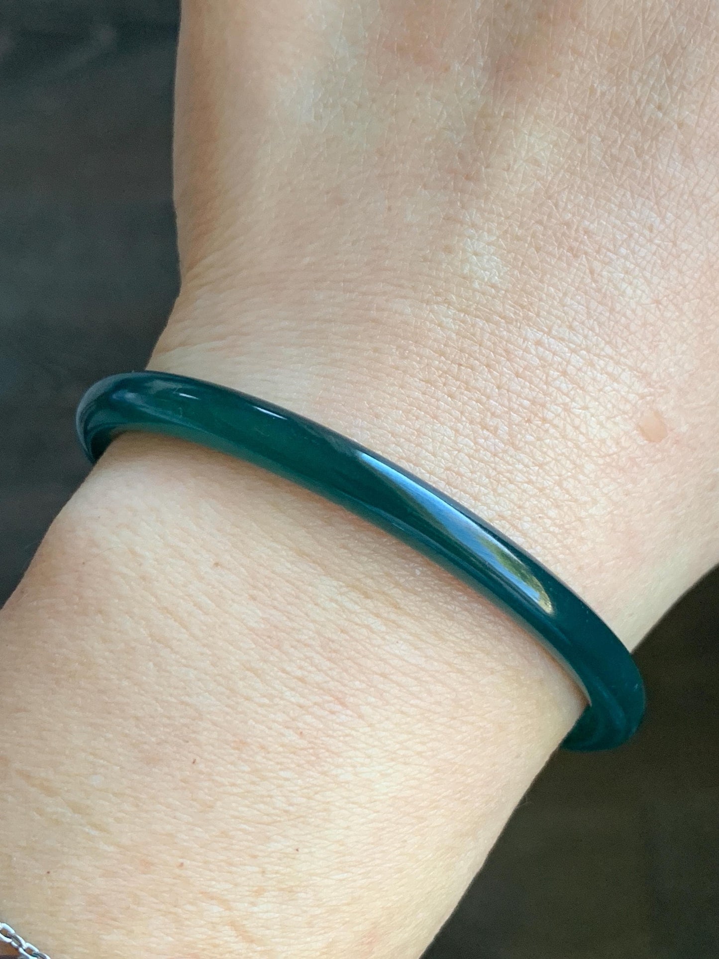 Natural Grade A Guatemalan Icy Translucent Gelatinous Dark Teal Green Jadeite Open Bangle Bracelet 54.1mm 6.65" 12g 天然老种冰胶危篮绿翡翠开口镯