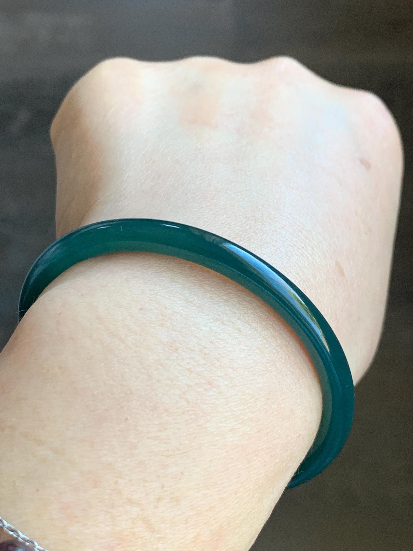 Natural Grade A Guatemalan Icy Translucent Gelatinous Dark Teal Green Jadeite Open Bangle Bracelet 54.1mm 6.65" 12g 天然老种冰胶危篮绿翡翠开口镯