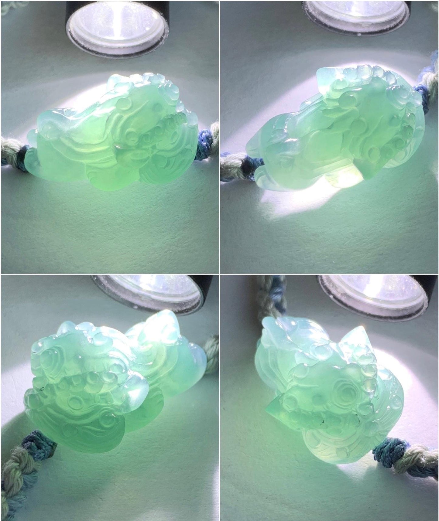 Natural Grade A Guatemalan Icy Translucent Gelatinous Dusty Blue Jadeite Carved Dancing Lion Rope Bracelet Adjustable 7g 天然冰胶危蓝翡翠精工雕摆烂小醒狮手绳