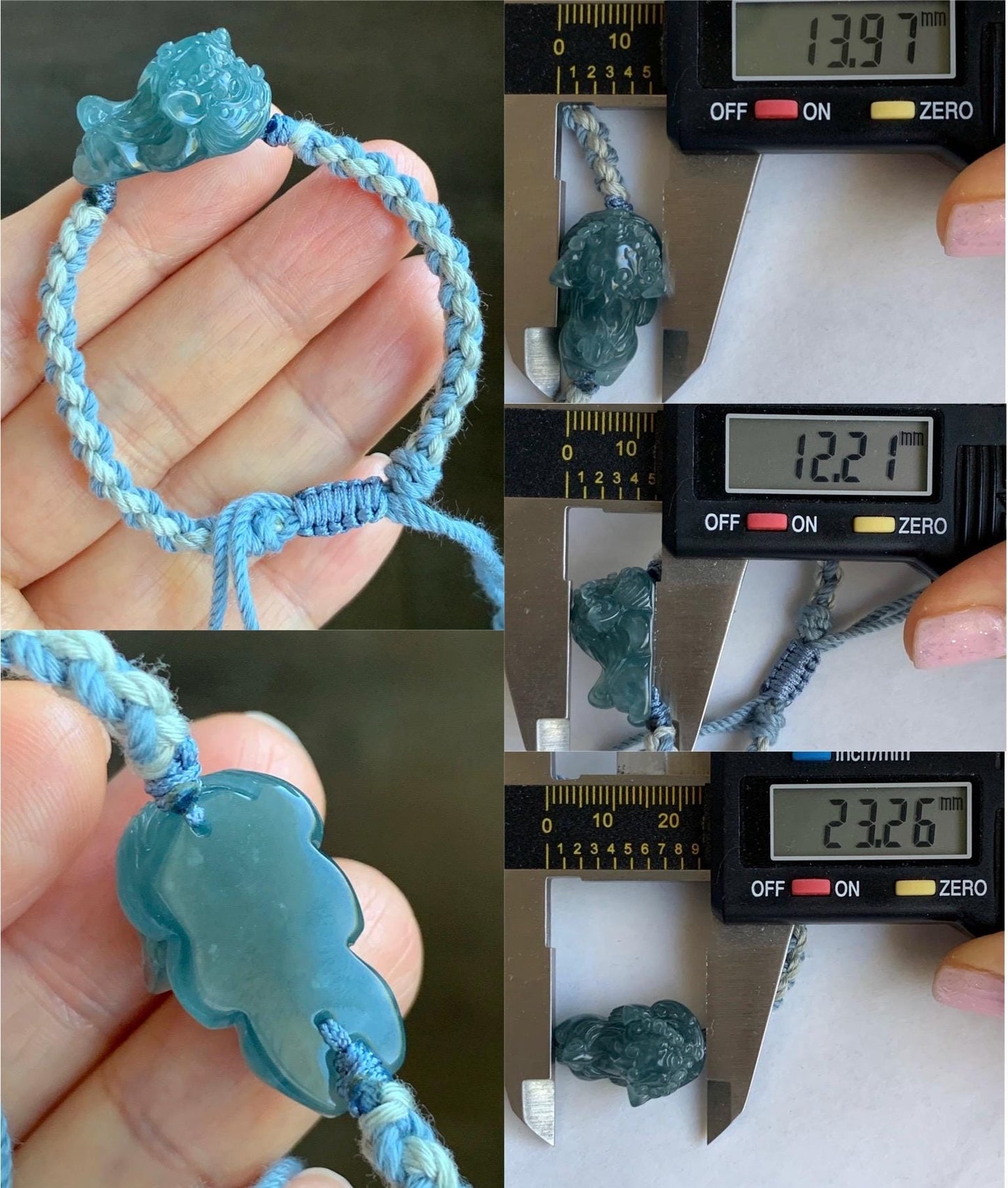 Natural Grade A Guatemalan Icy Translucent Gelatinous Dusty Blue Jadeite Carved Dancing Lion Rope Bracelet Adjustable 7g 天然冰胶危蓝翡翠精工雕摆烂小醒狮手绳
