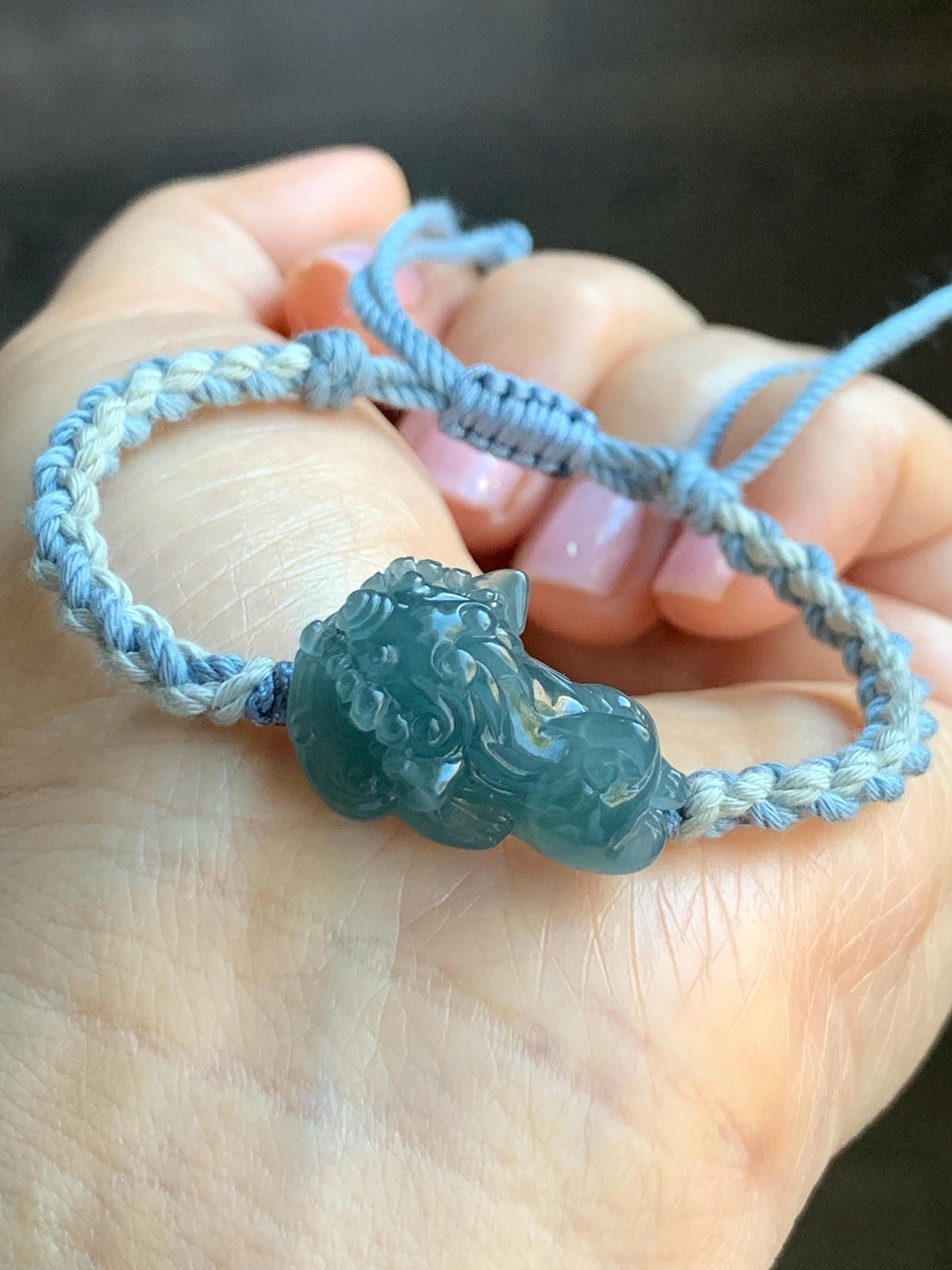 Natural Grade A Guatemalan Icy Translucent Gelatinous Dusty Blue Jadeite Carved Dancing Lion Rope Bracelet Adjustable 7g 天然冰胶危蓝翡翠精工雕摆烂小醒狮手绳