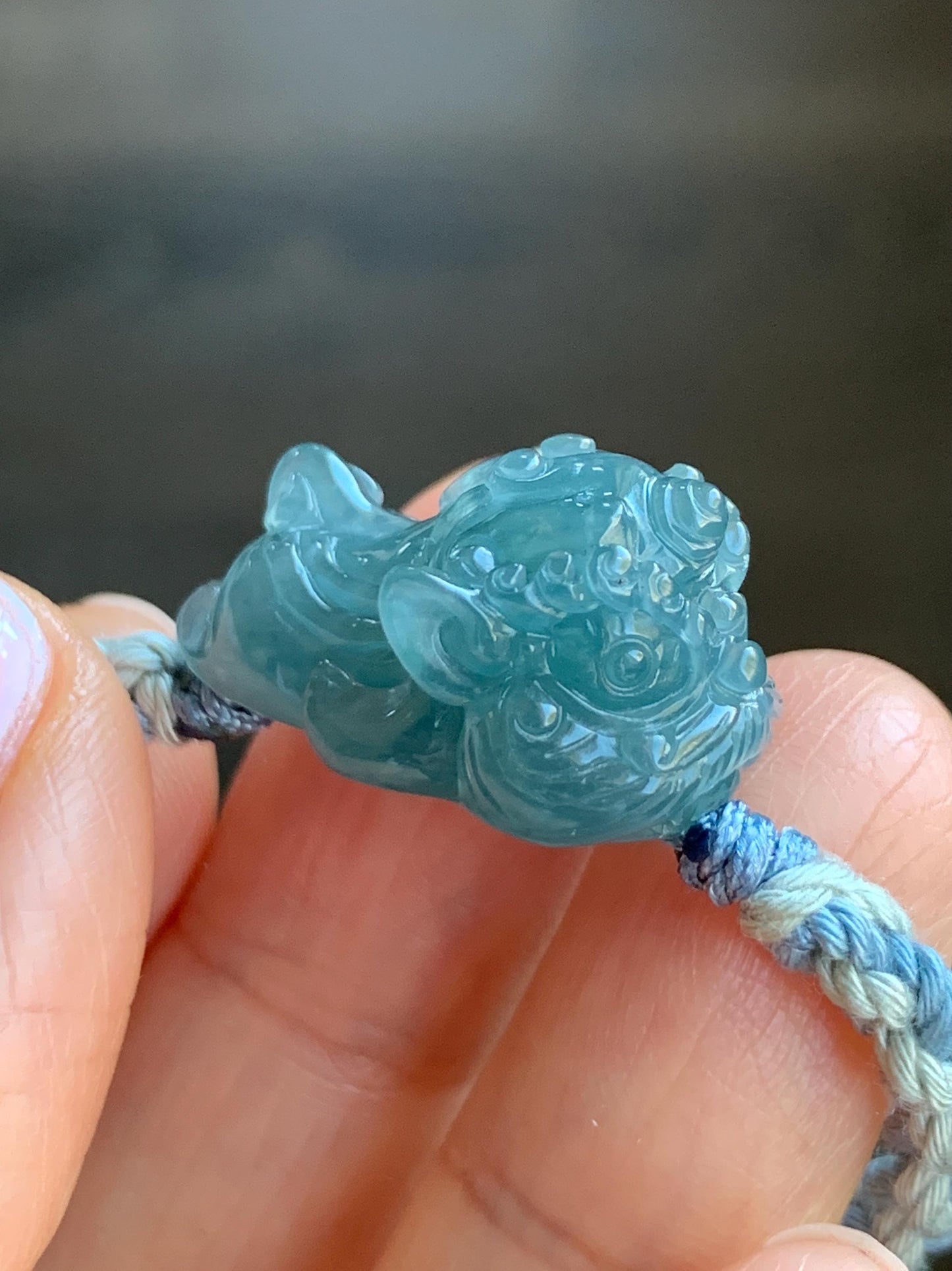 Natural Grade A Guatemalan Icy Translucent Gelatinous Dusty Blue Jadeite Carved Dancing Lion Rope Bracelet Adjustable 7g 天然冰胶危蓝翡翠精工雕摆烂小醒狮手绳