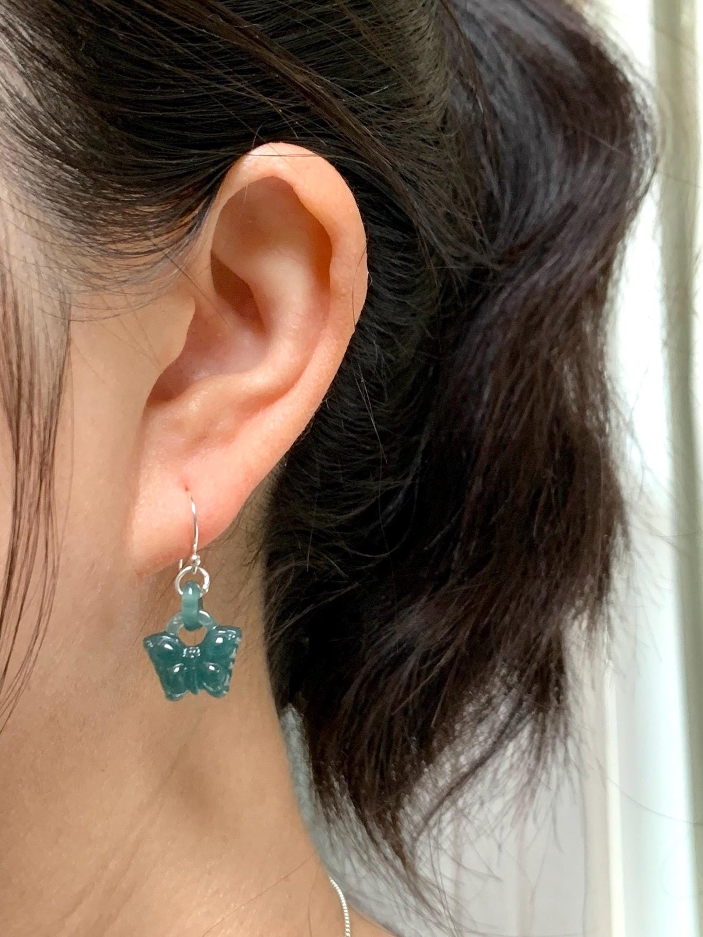 Natural Guatemalan Icy Translucent Dark Teal Blue Jadeite Butterfly w/ Interlocking Rings Dangle Earrings Sterling Silver