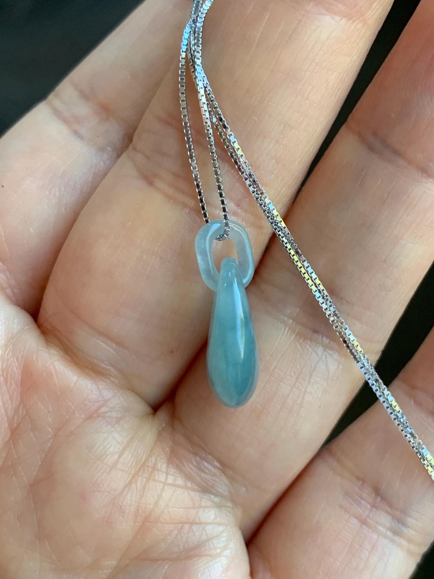 Natural Grade A Guatemalan Icy Translucent Dusty Blue Jadeite Donut w/ Interlocking Bail Pendant Necklace Sterling Silver 天然冰危蓝翡翠平扣环扣吊坠