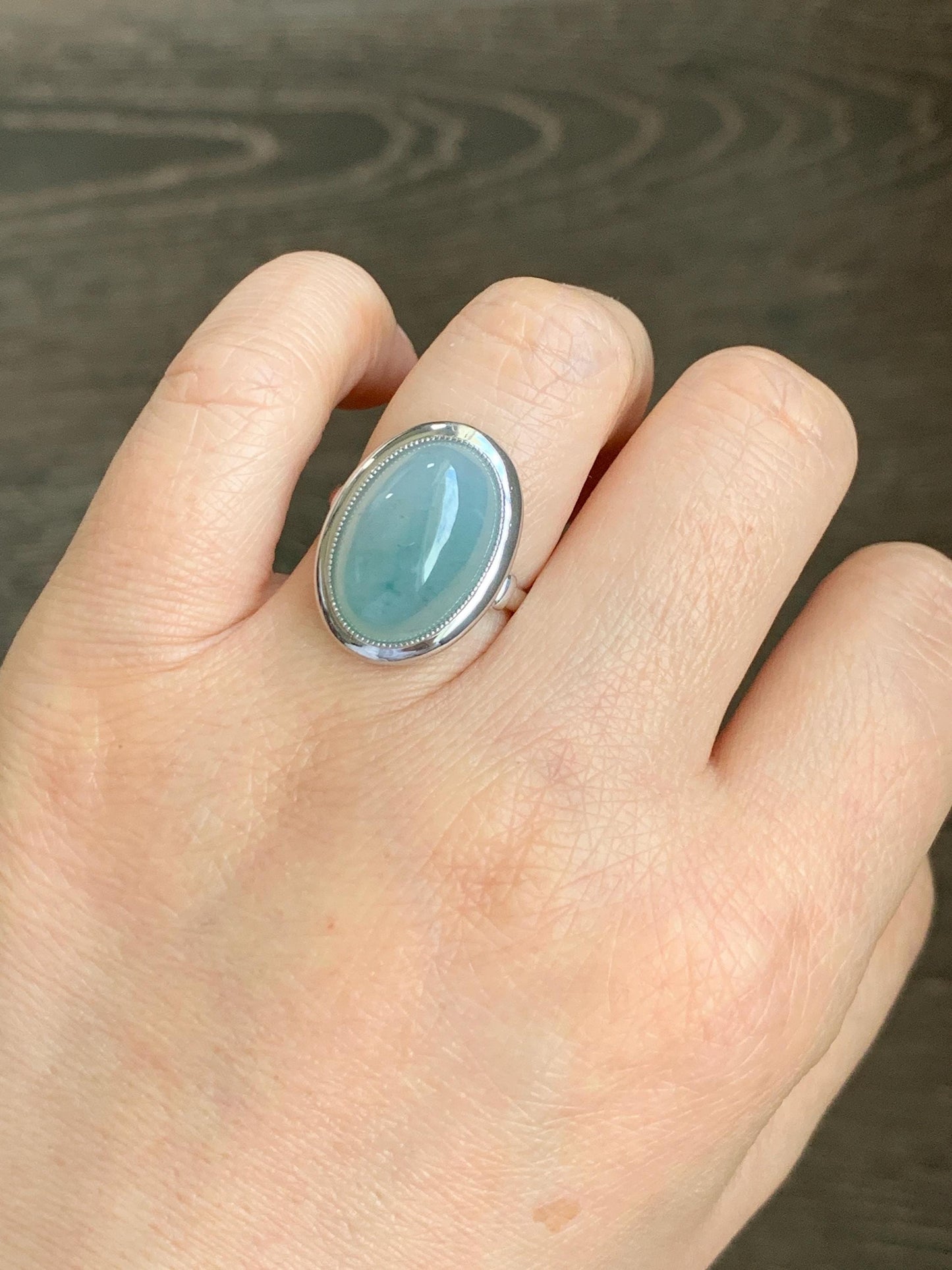 Certified Natural Grade A Icy Translucent Light Blue Jadeite Large Oval Ring Sterling Silver size 7.25 US 6g 天然冰胶危浅蓝翡翠镶嵌戒指 7403