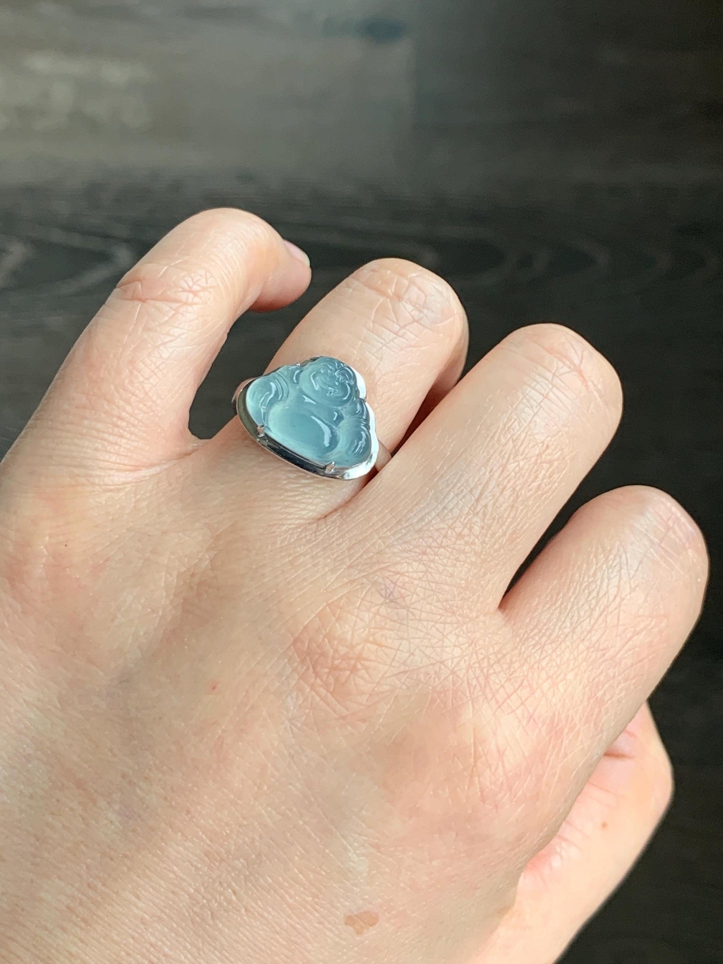 Certified Natural Guatemalan Icy Highly Translucent Light Teal Blue Jadeite Buddha Ring Sterling Silver Size 7