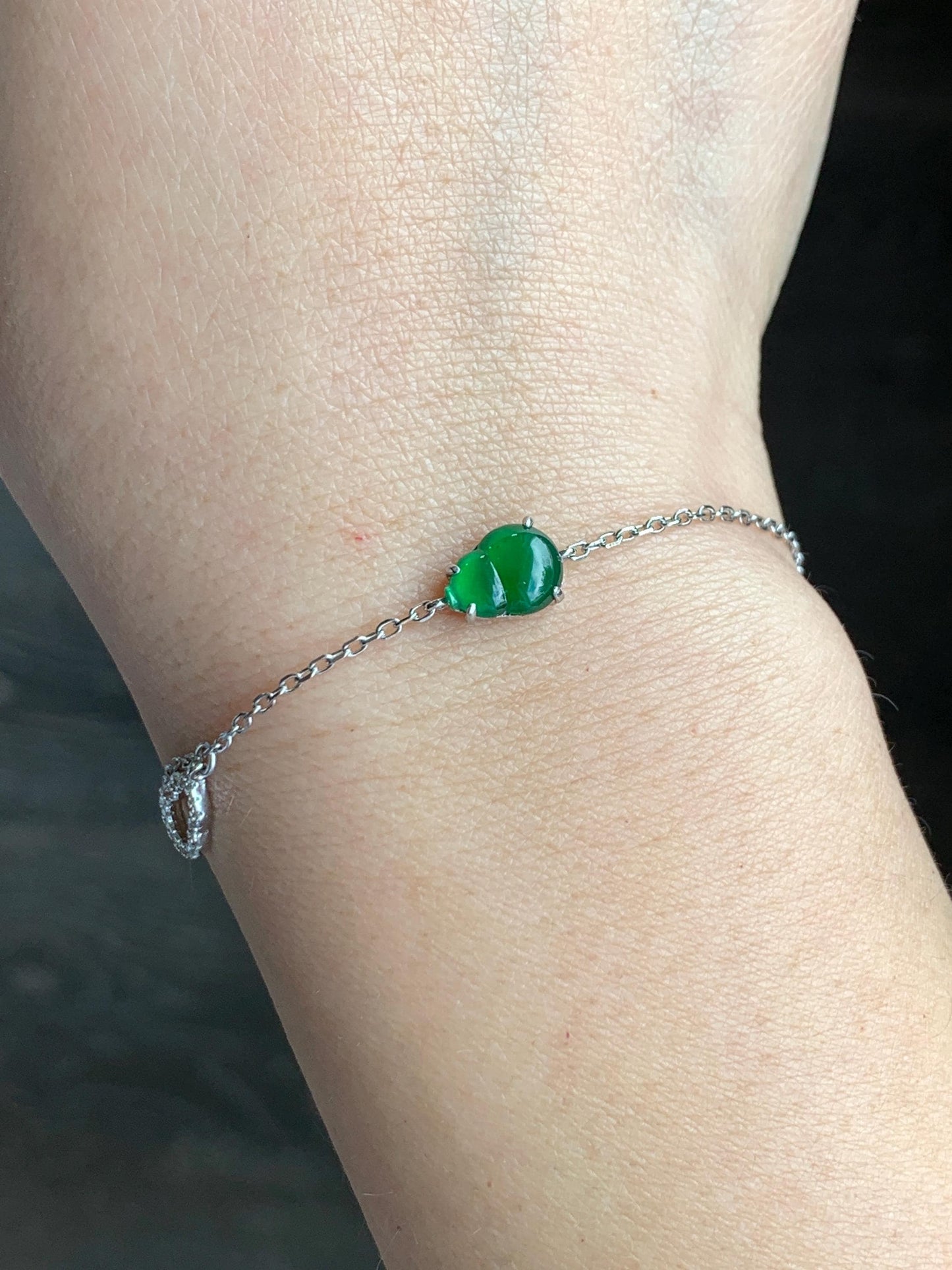 Natural Grade A Guatemalan Icy Translucent Vibrant Green Gourd Hulu Jadeite & Charm Chain Bracelet Sterling Silver 7.25" 天然冰危绿翡翠葫芦银手链