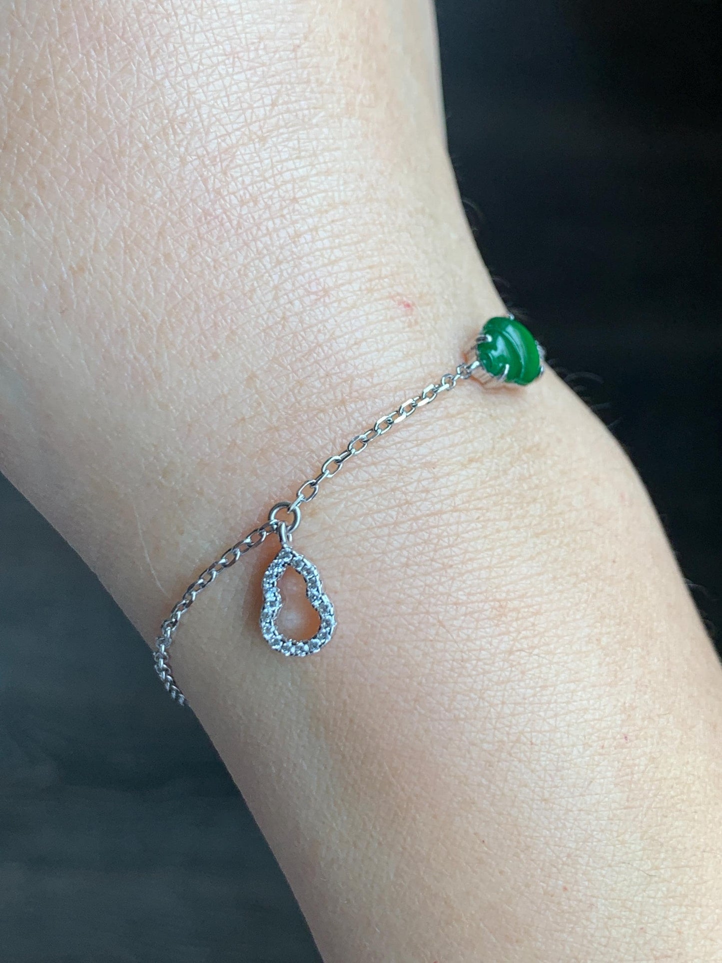 Natural Grade A Guatemalan Icy Translucent Vibrant Green Gourd Hulu Jadeite & Charm Chain Bracelet Sterling Silver 7.25" 天然冰危绿翡翠葫芦银手链