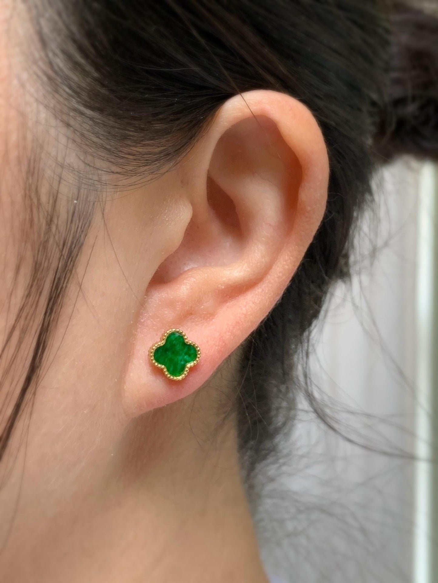 Natural Grade A Vibrant Green Jadeite Clover Leaf Stud Earrings S925 Sterling Silver Yellow Gold Overlay