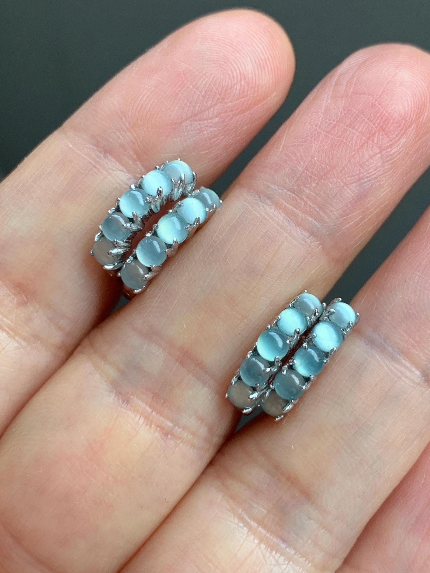 Natural Guatemalan Grade A Icy Highly Translucent Light Blue Jadeite Hoop Huggie Earrings Sterling Silver 天然冰危淡蓝起光翡翠银镶耳包 LEB160
