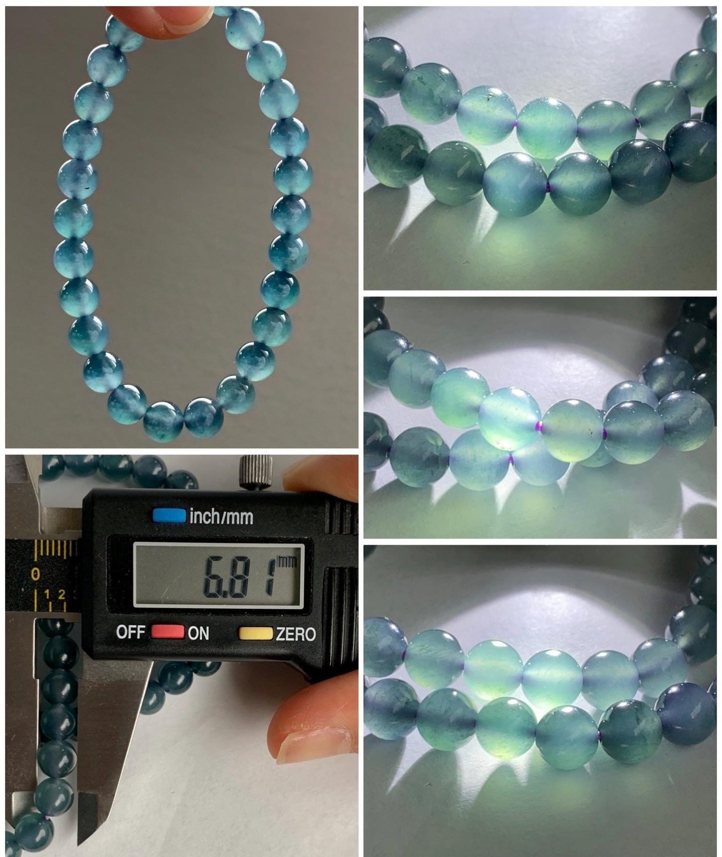 Natural Grade A Guatemalan Icy Highly Translucent Gelatinous Aegean Blue Jadeite Beaded Bracelet w/ Whale Tail Charm 6.8mm 6.75"