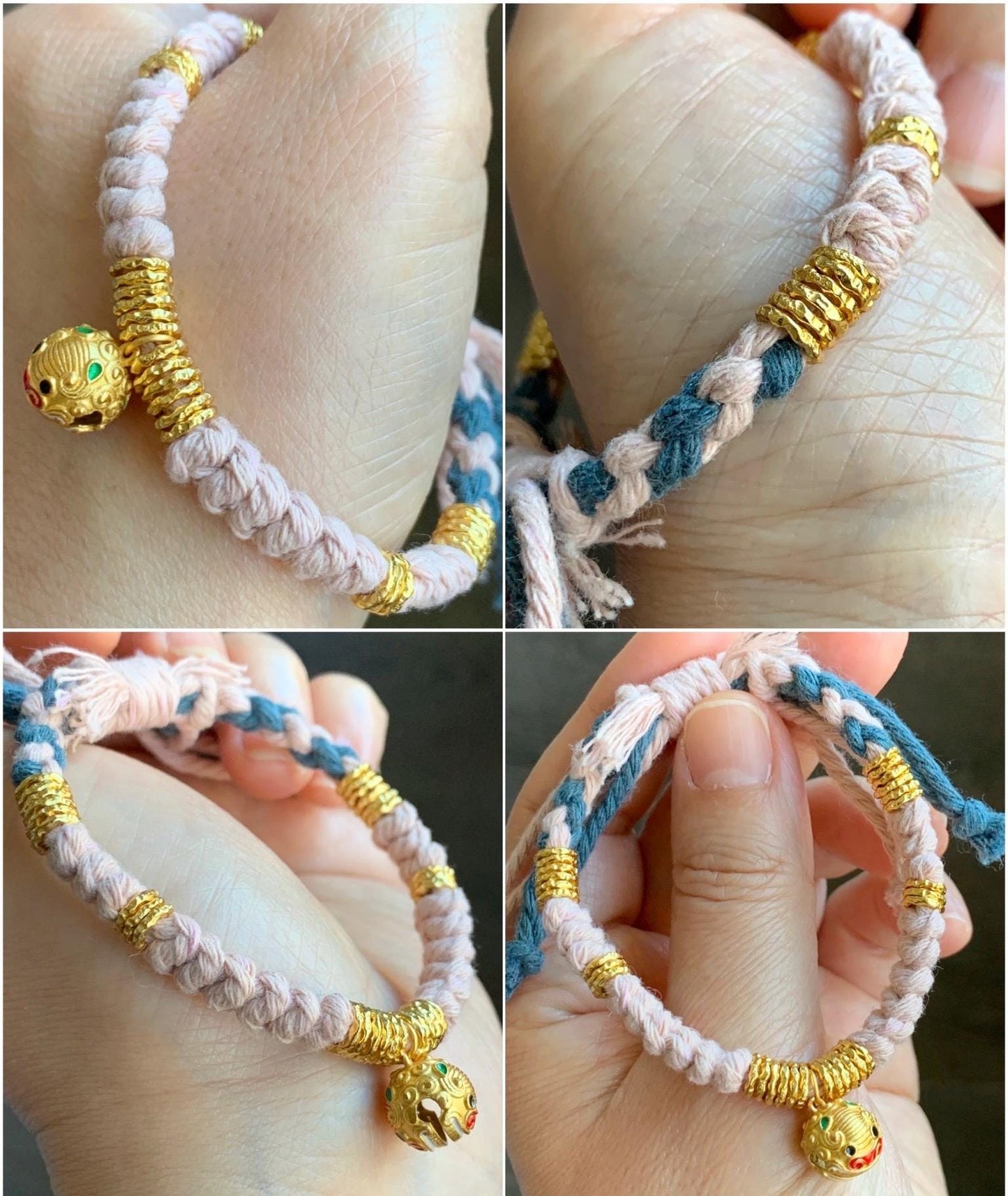Sterling Silver Pan Chan Rings and Pixiu Charm Handcrafted Beaded Rope Fortune Bracelet Adjustable 6.75” 9g 纯银S925盘缠貔貅铃铛手工手绳