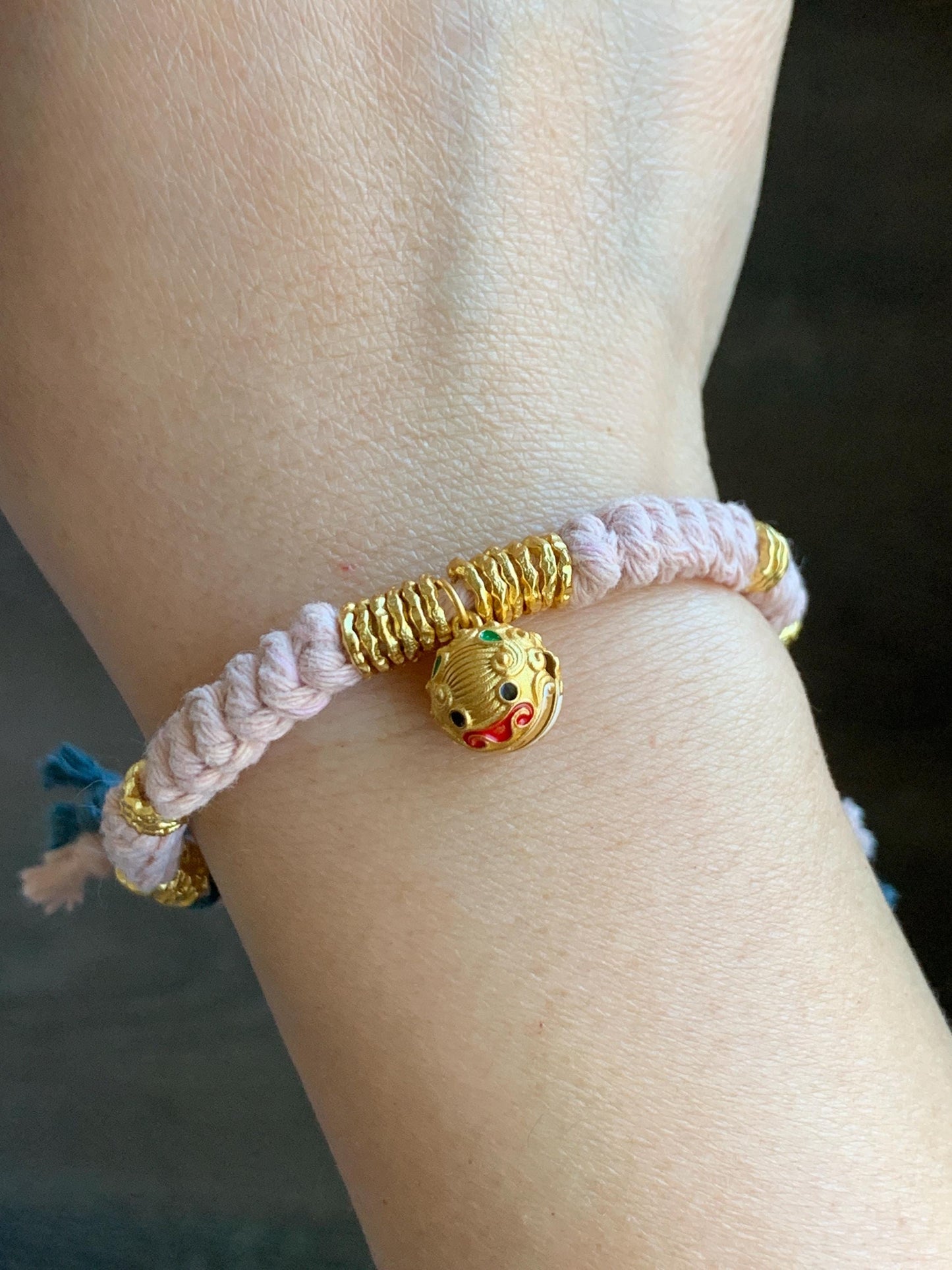 Sterling Silver Pan Chan Rings and Pixiu Charm Handcrafted Beaded Rope Fortune Bracelet Adjustable 6.75” 9g 纯银S925盘缠貔貅铃铛手工手绳