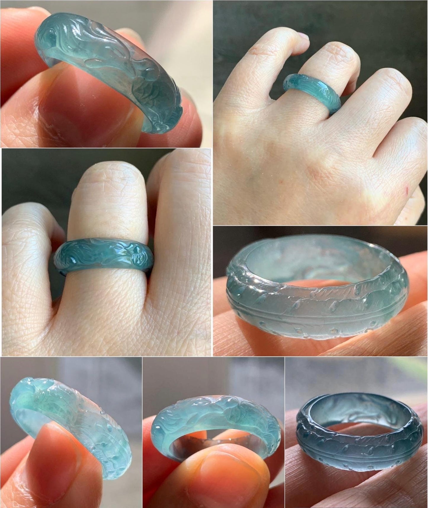 Certified Natural Guatemalan Premium Icy Highly Translucent Teal Blue Jadeite Carved Phoenix Band Ring size 7.5 US 3g 天然冰胶起光危蓝翡翠凤凰戒圈戒指 1687