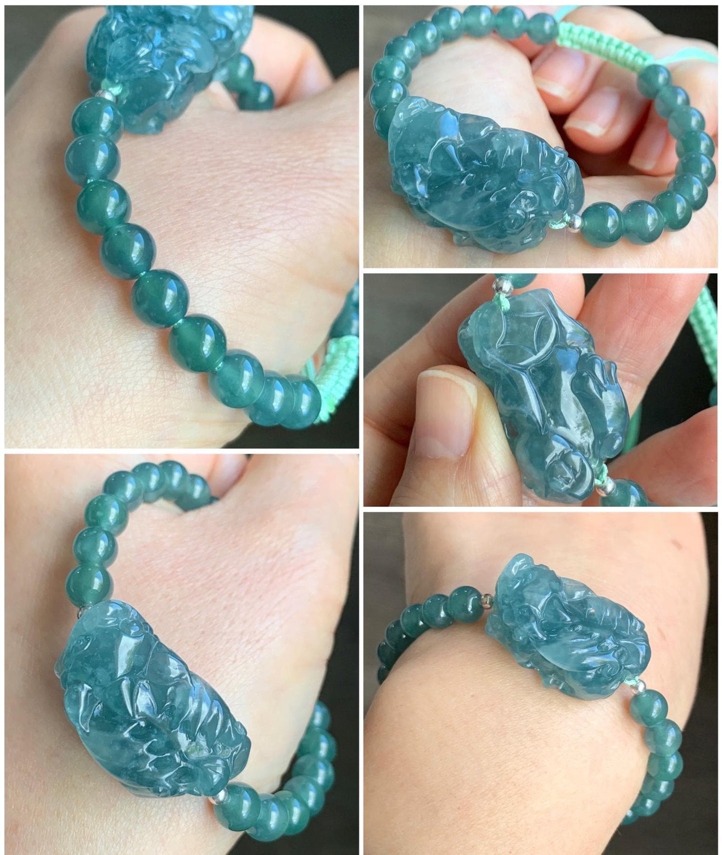 Certified Natural Guatemalan Icy Highly Translucent Gelatinous Teal Blue Jadeite Pixiu Beaded Bracelet