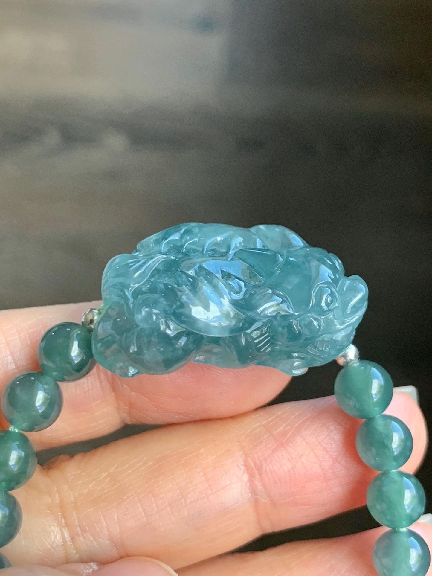 Certified Natural Guatemalan Icy Highly Translucent Gelatinous Teal Blue Jadeite Pixiu Beaded Bracelet