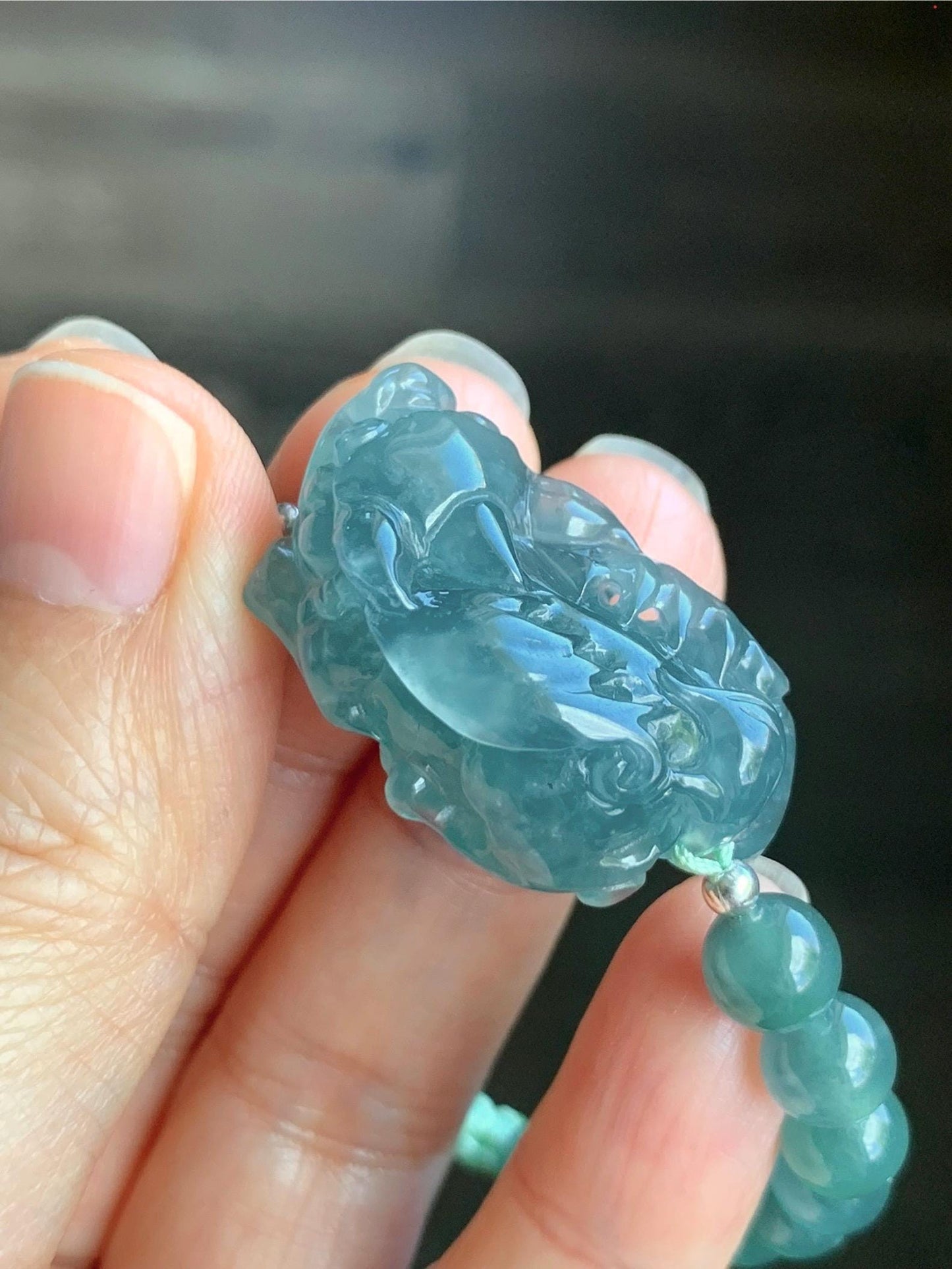 Certified Natural Guatemalan Icy Highly Translucent Gelatinous Teal Blue Jadeite Pixiu Beaded Bracelet