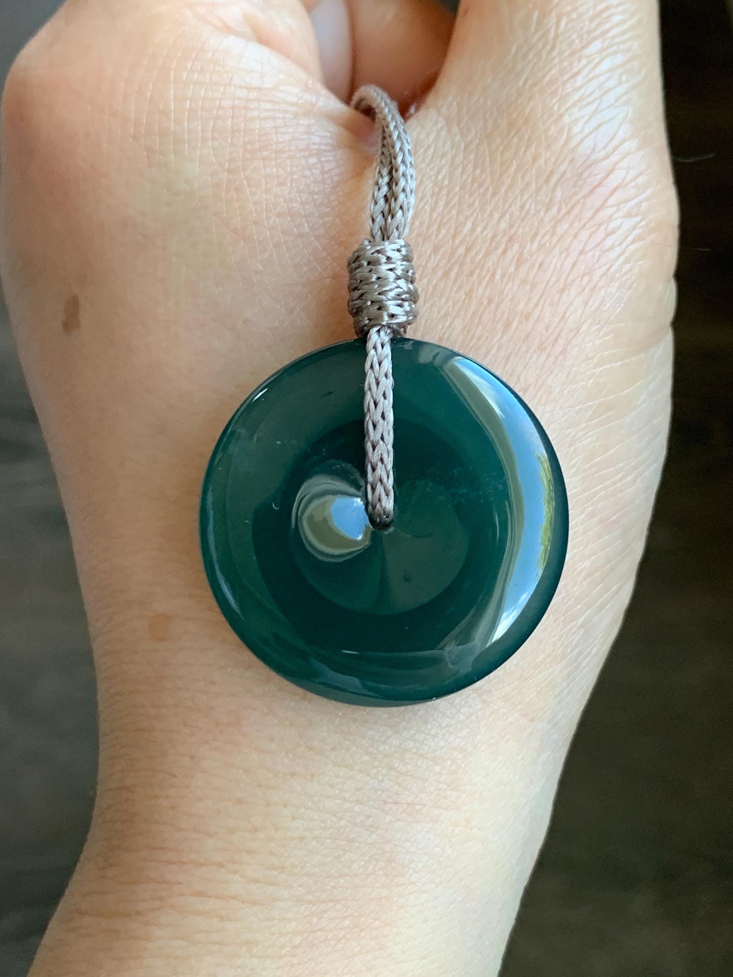 Natural Grade A Guatemalan Icy Translucent Deep Teal Green Jadeite Large Ping An Kou Donut Pendant Rope Necklace 24" 天然冰危深蓝绿翡翠平安扣吊坠项链 WDKC