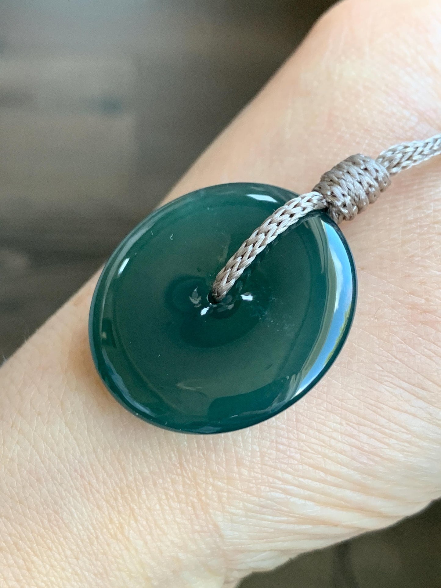 Natural Grade A Guatemalan Icy Translucent Deep Teal Green Jadeite Large Ping An Kou Donut Pendant Rope Necklace 24" 天然冰危深蓝绿翡翠平安扣吊坠项链 WDKC