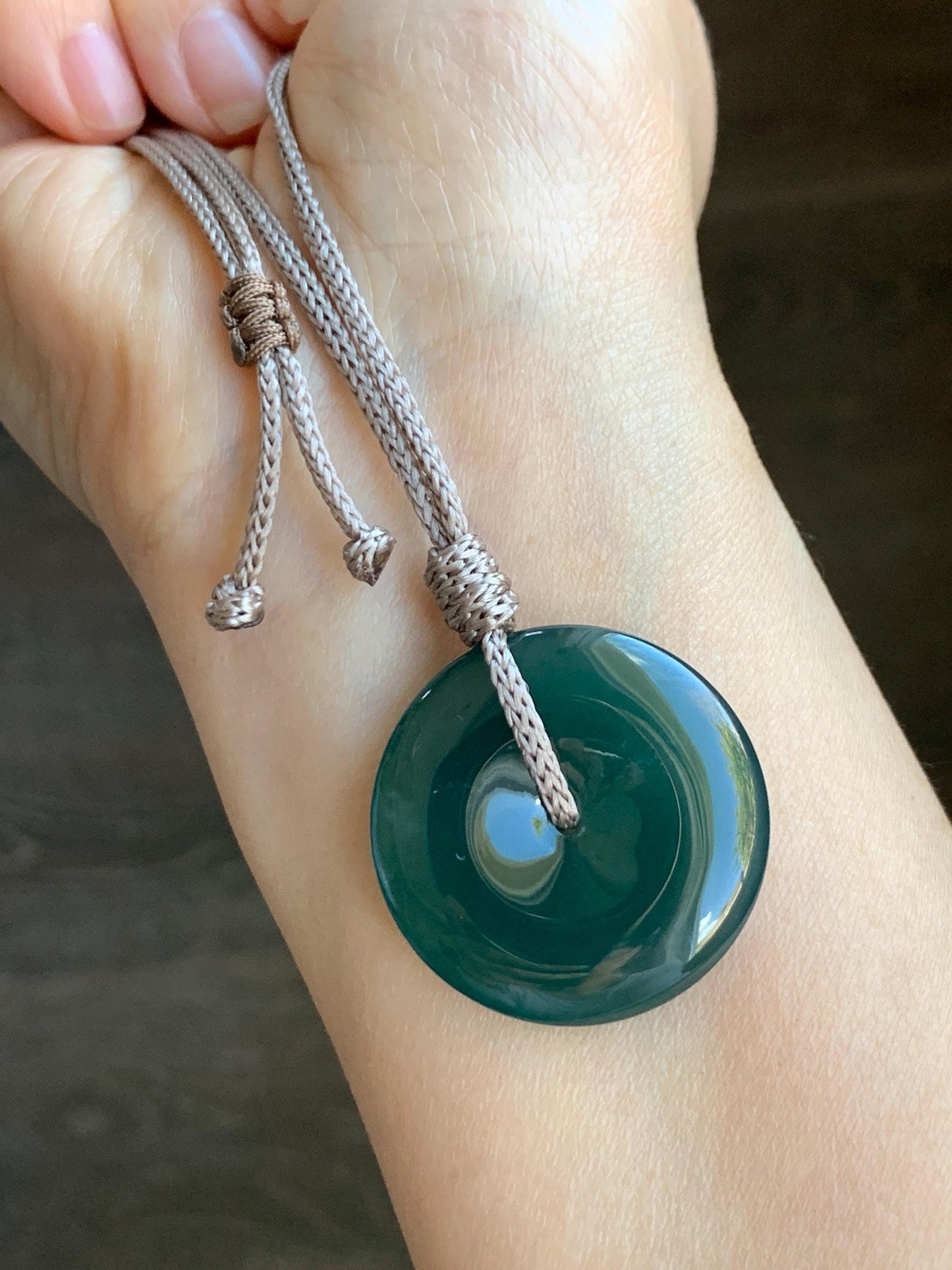 Natural Grade A Guatemalan Icy Translucent Deep Teal Green Jadeite Large Ping An Kou Donut Pendant Rope Necklace