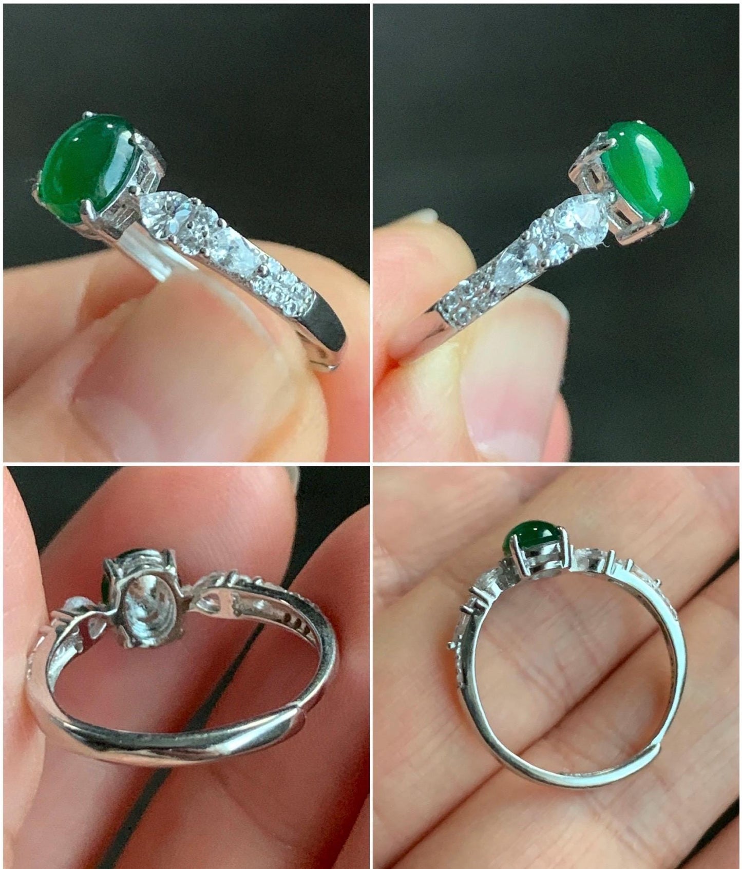 Natural Guatemalan Icy Translucent Vibrant Green Jadeite Oval Cabochon Ring Sterling Silver Size 7 Adjustable 天然冰危绿翡翠银镶戒指 MWL100