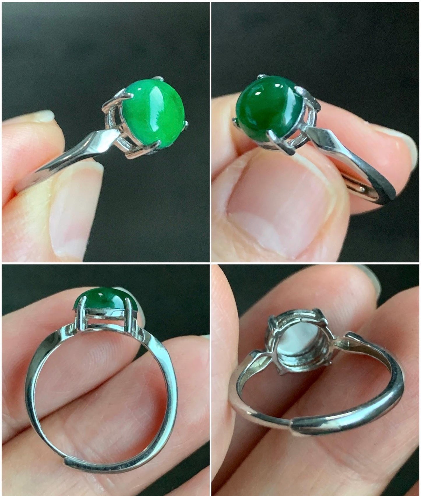 Natural Guatemalan Icy Translucent Vibrant Green Jadeite Oval Cabochon Solitaire Ring Sterling Silver Size 7 Adjustable 天然冰危绿翡翠银镶戒指 SLE68