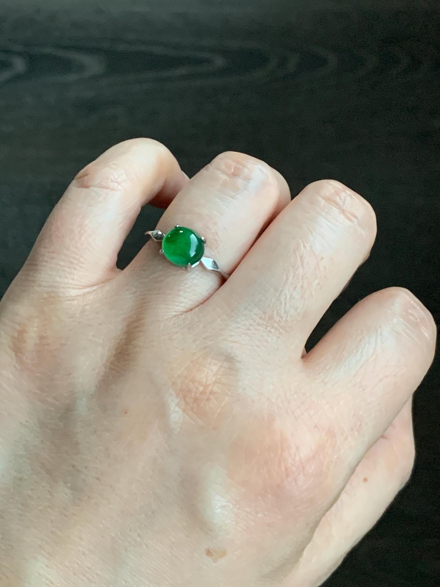 Natural Guatemalan Icy Translucent Vibrant Green Jadeite Oval Cabochon Solitaire Ring Sterling Silver Size 7 Adjustable