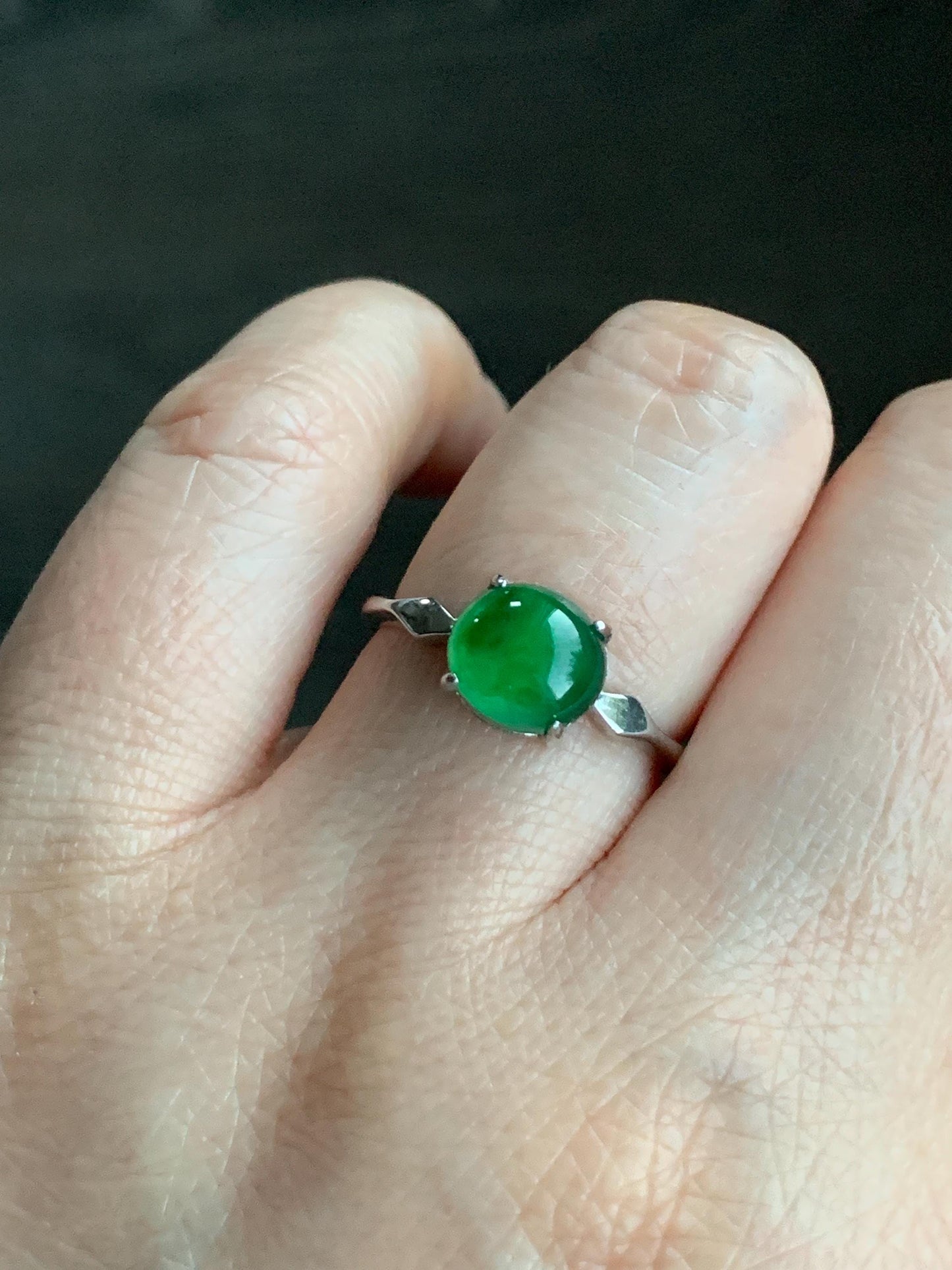 Natural Guatemalan Icy Translucent Vibrant Green Jadeite Oval Cabochon Solitaire Ring Sterling Silver Size 7 Adjustable