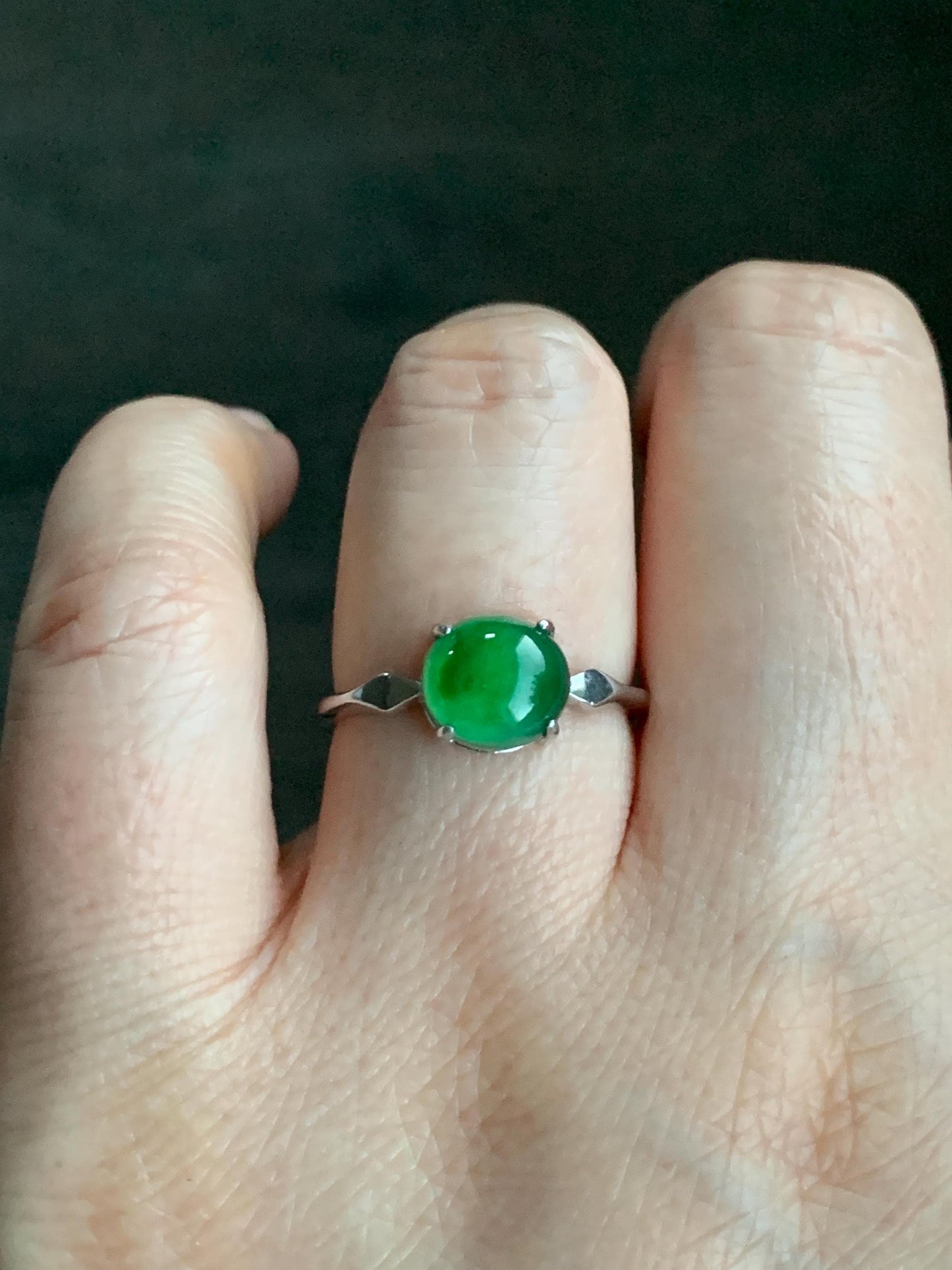 Natural Guatemalan Icy Translucent Vibrant Green Jadeite Oval Cabochon Solitaire Ring Sterling Silver Size 7 Adjustable