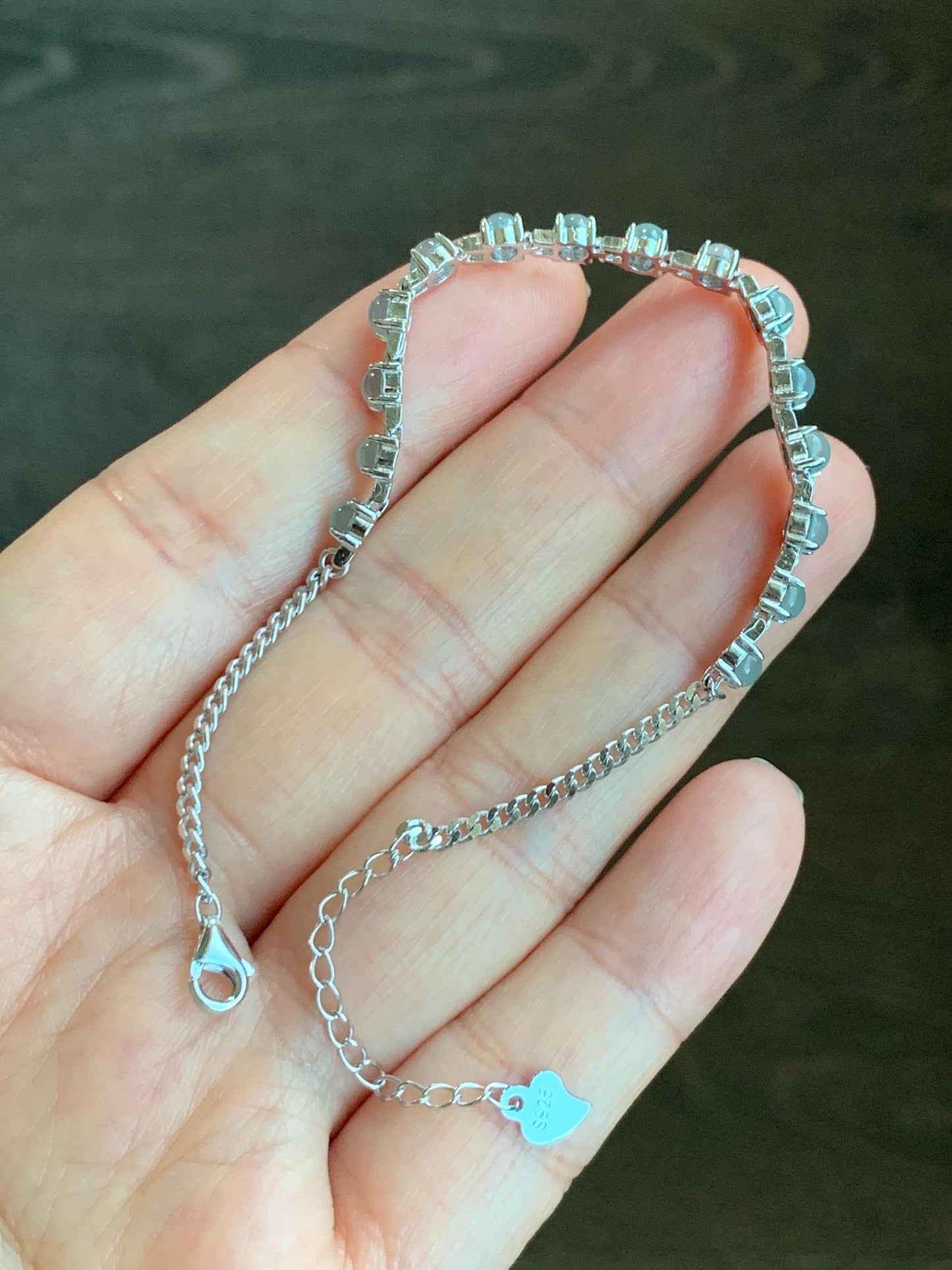 Natural Guatemalan Grade A Icy Highly Translucent Light Blue Jadeite Link Chain Style Bracelet Sterling Silver 6.25”-7.5” 4g 天然冰危浅蓝起光翡翠银镶手链
